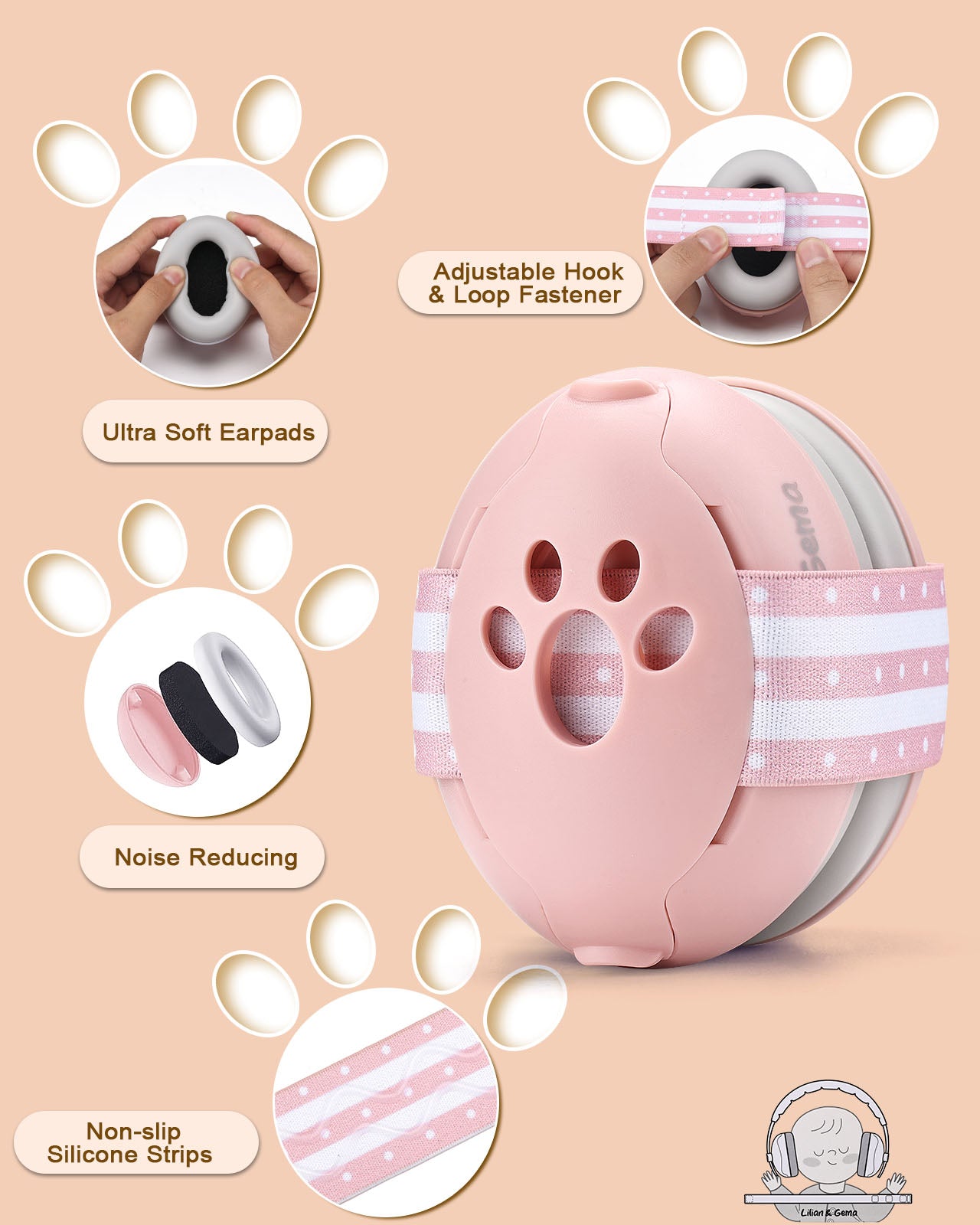 2-in-1 Baby Ear Muffs Noise Protection, Adjustable Headphones with Stretchy Band, Noise Cancelling for Toddler up to 4 Years, Airplane Essentials/Outdoor, Pink