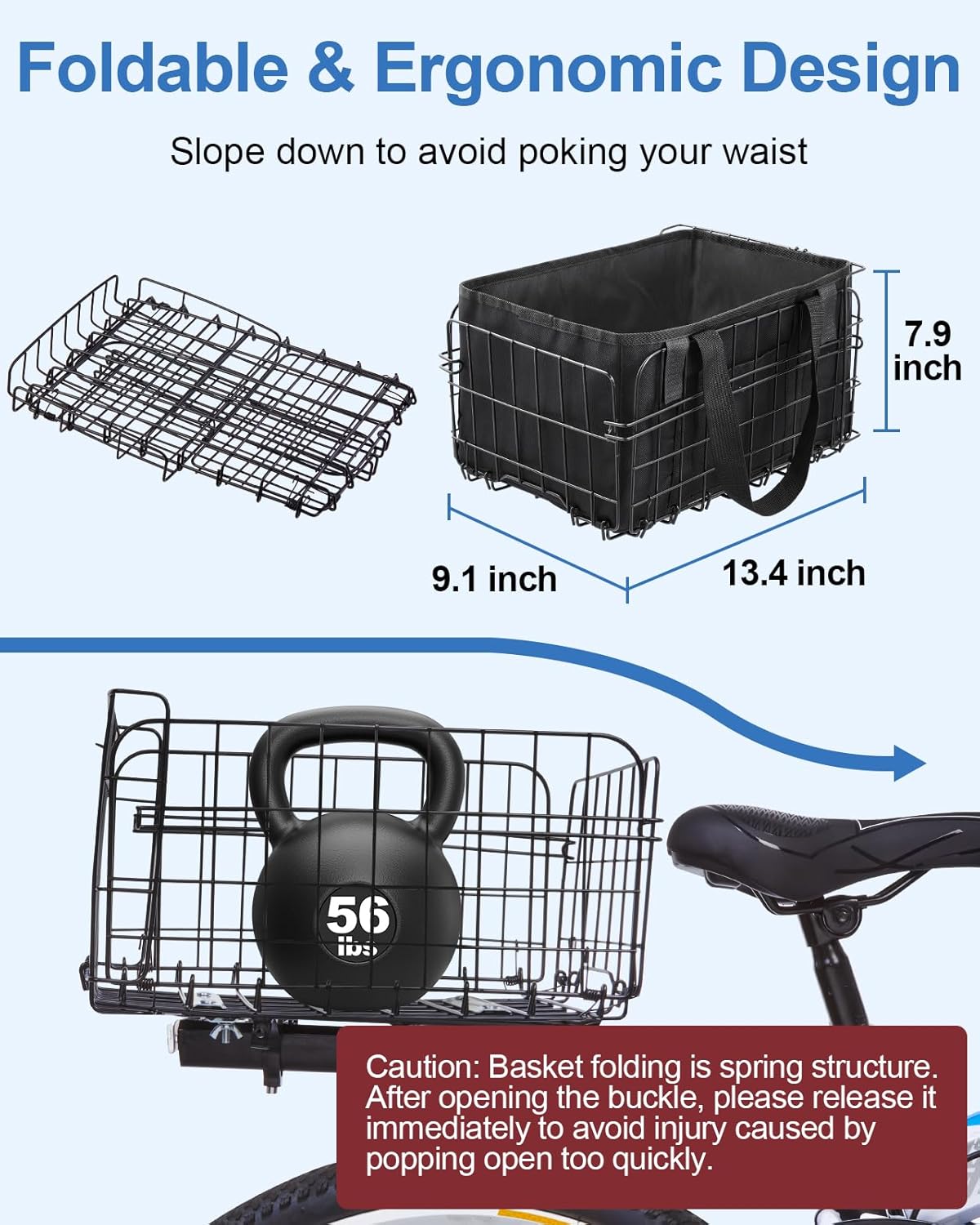 Zacro Bike Basket, Folding Bicycle Rear Basket with Removable Liner Bag, Large Metal Bike Basket for Pets, Shopping, Grocery