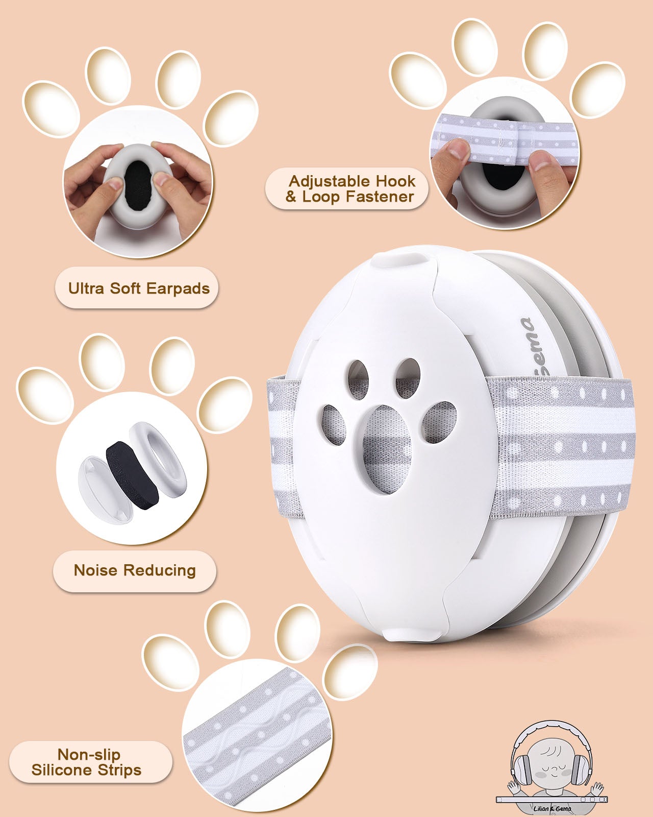 2-in-1 Baby Ear Muffs Noise Protection, Adjustable Headphones with Stretchy Band, Noise Cancelling for Toddler up to 4 Years, Airplane Essentials/Outdoor, White