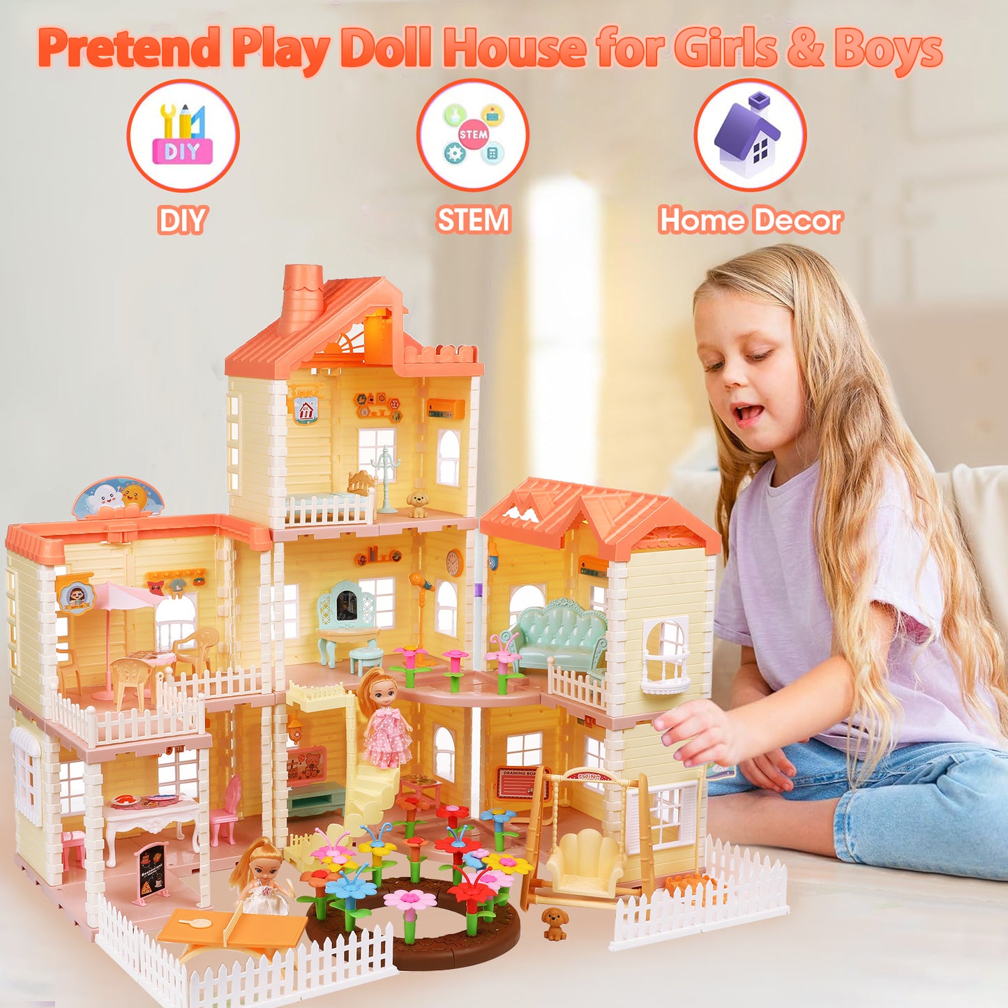 Dollhouse Playset for Girls, 3-Story 7 Rooms Pretend Play Toddler Dollhouse with Lights, Furnitures and Accessories, Gifts for Girls Aged 3 4 5 6 7 8 Years Old, Orange Pink