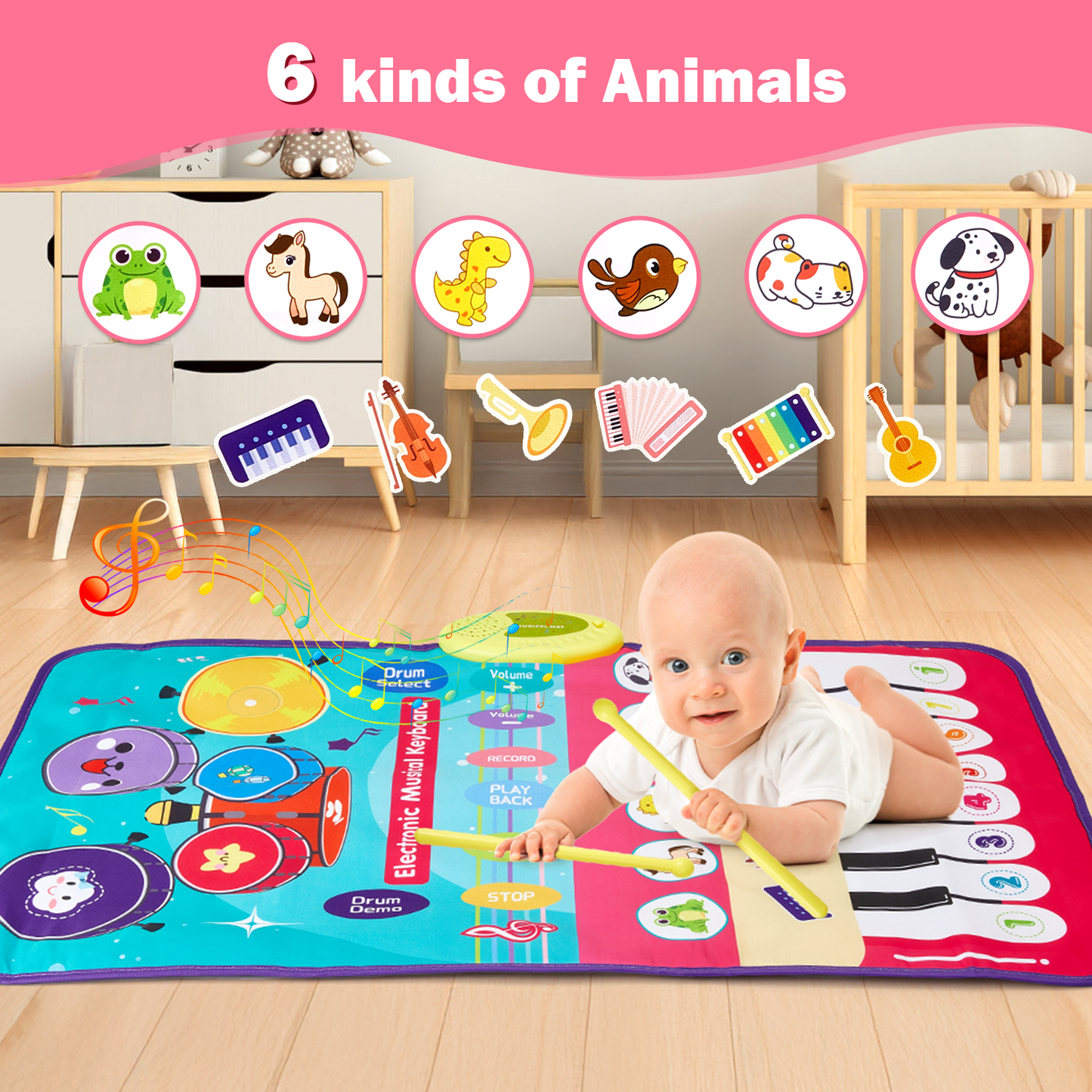 Petbank 4 in 1 Musical Mat for Toddlers, Electronic Piano Mat with Piano Keyboard, Drum Mat & 2 Drum Sticks, Baby Toy Gift for 1 2 3 Year Old Boys & Girls