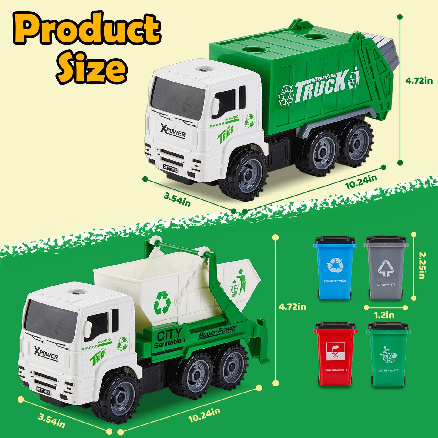 Petbank Recycling Garbage Truck Toy, Friction-Powered Toy Garbage Truck with 2 Interchangeable carriages, 4 Trash Cans, 3 Replaceable Screwdrivers, 108 PCS Garbage Classification Cards, Green