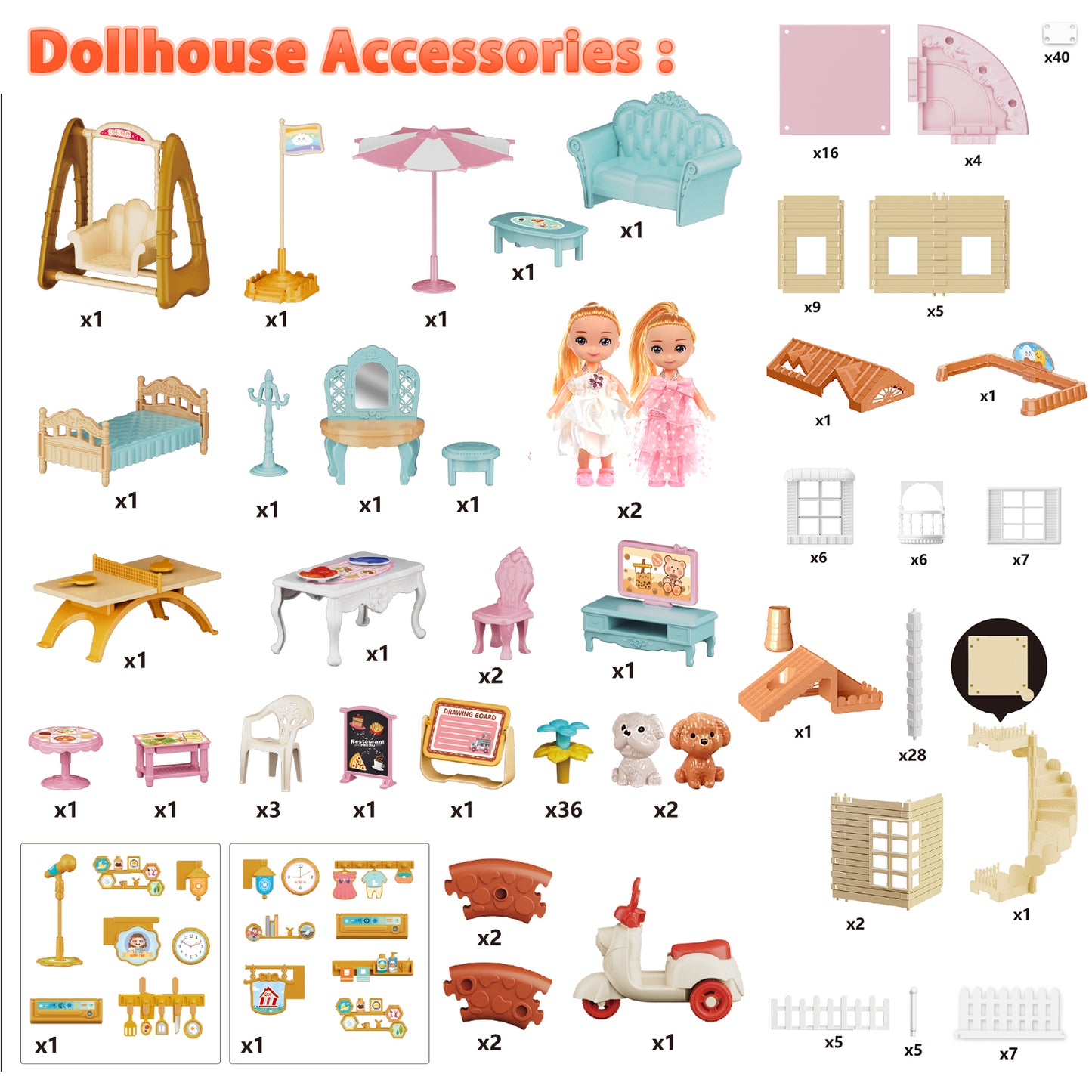 Dollhouse Playset for Girls, 3-Story 7 Rooms Pretend Play Toddler Dollhouse with Lights, Furnitures and Accessories, Gifts for Girls Aged 3 4 5 6 7 8 Years Old, Orange Pink
