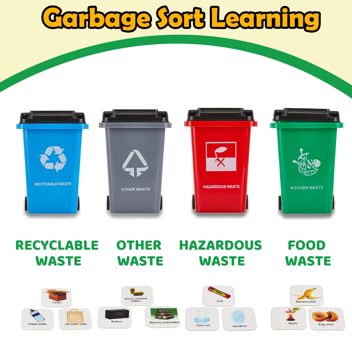 Petbank Recycling Garbage Truck Toy, Friction-Powered Toy Garbage Truck with 2 Interchangeable carriages, 4 Trash Cans, 3 Replaceable Screwdrivers, 108 PCS Garbage Classification Cards, Green