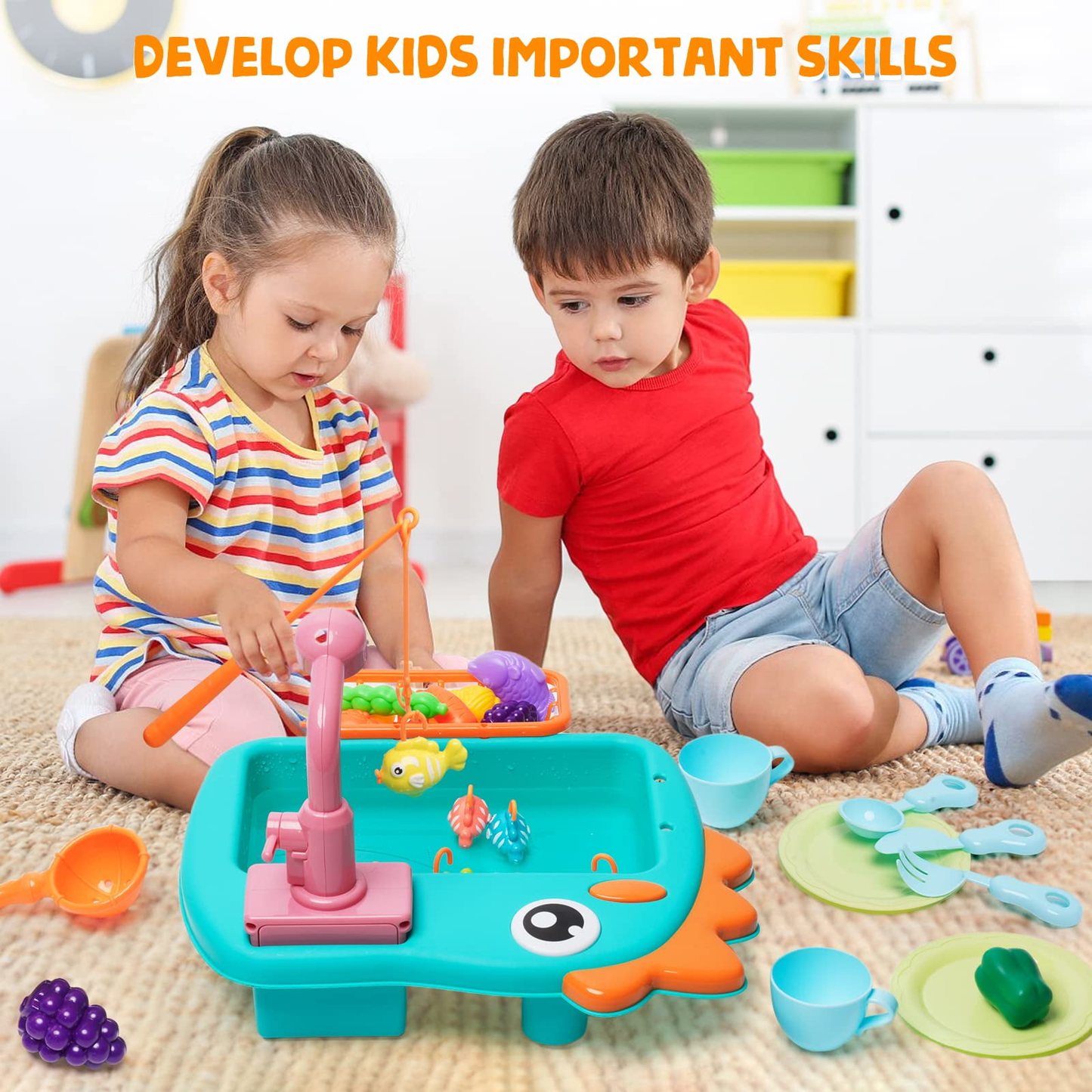 25PCS Kitchen Play Sink Toys, Dinosaur Electronic Dishwasher Sink with Running Water, Kids Fishing Game Toys and Role Play Dishwasher Toy for Kids Toddler, Green