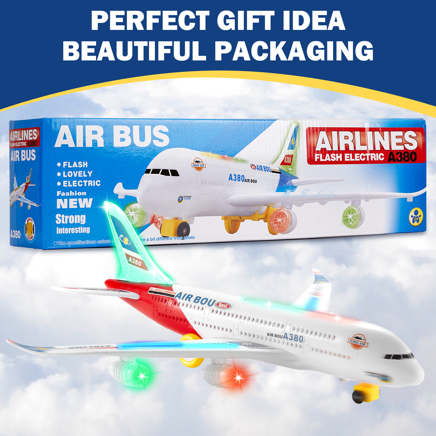 Petbank Kids Airplane Toys, Bump and Go Action, Airlines Plane Toys with Sounds LED Flashing Lights, Gift for Boys & Girls Ages 3-12