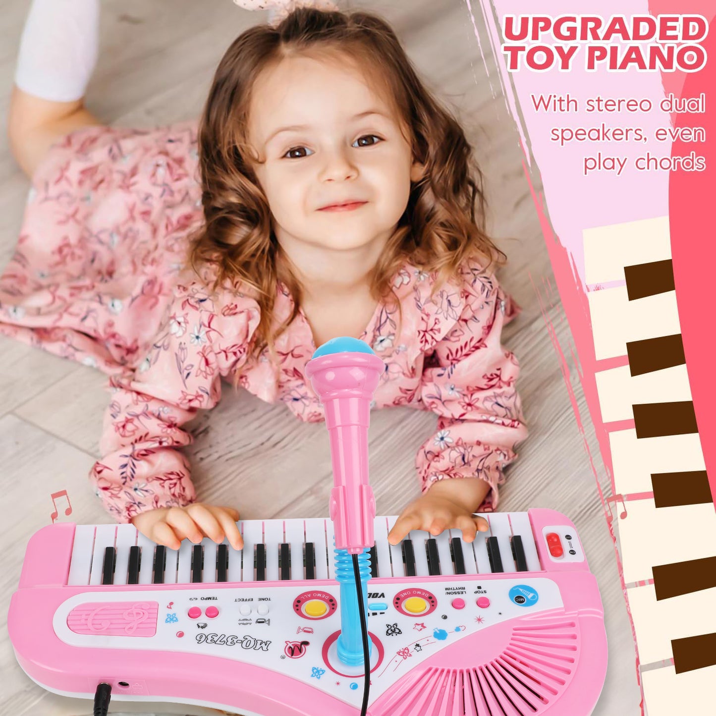 Petbank 37 Keys Piano Toys for Kids, Portable Electronic Musical Instrument with Microphone, Educational Musical Instrument Gift for Boys Girls Aged 3-8, Pink