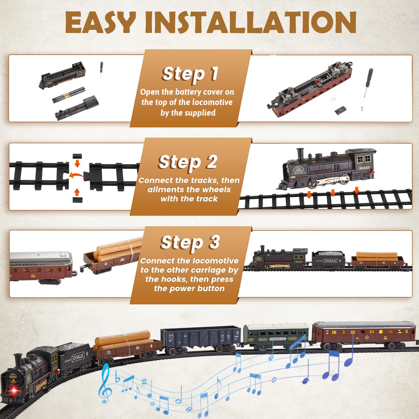 Petbank Electric Train Set, Electric Railway Train Car Track Play Set Toy with Music, Lights, Luxury Track & 5 Truck Carriage