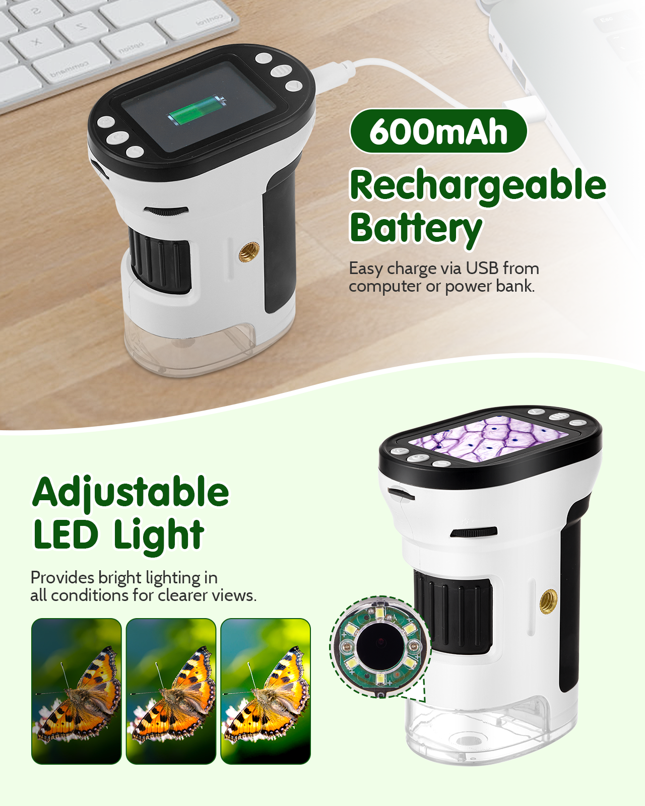 Microscope for Kids, 200-1000X Pocket Microscope with 2” LCD Screen, Tripod, 32G SD Card, USB to PC, Handheld Mini Kids Microscope for Student Adults Microbiological Observation Lab Study