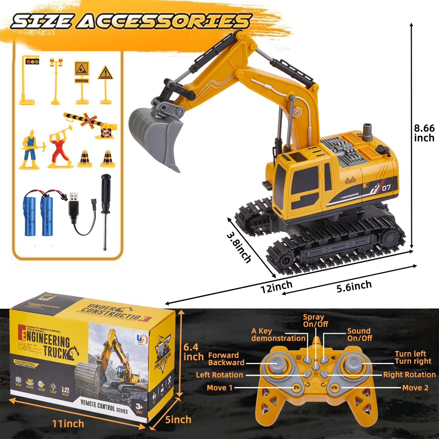 3 in 1 Remote Control Excavator for Kids, 11 Channel RC Excavator Truck Construction Vehicle Toys with Metal Shovel, Lights & Sounds, for Toddler Boys Age 3 4 5 6 7 8 Year Old