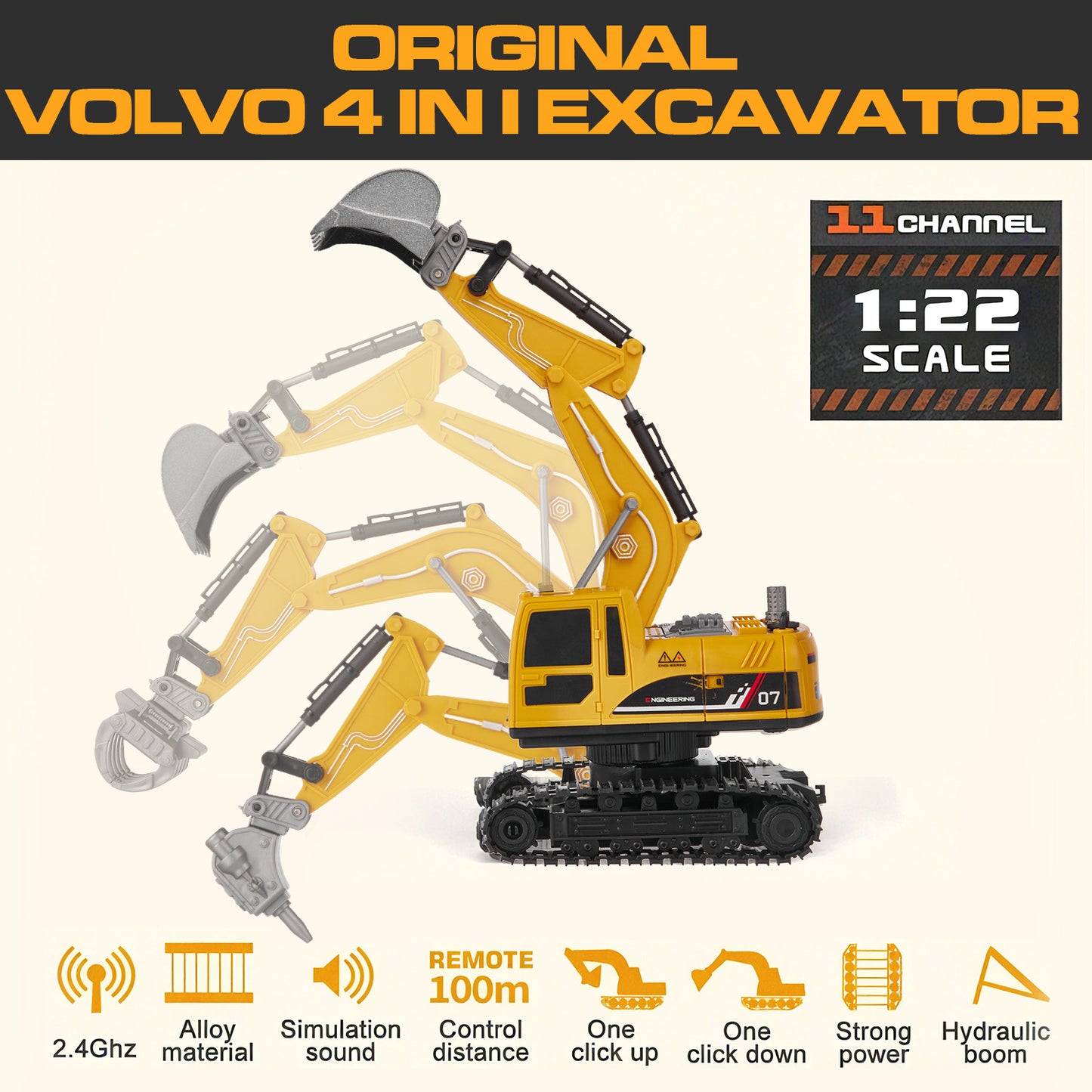 Petbank 4 in 1 Remote Control Excavator, Rechargeable RC Excavactor with Dump car, 11 Channel Excavator Construction Toy with Metal Shovel, Spray, Lights, Sounds, Gift for Boys and Girls, Yellow