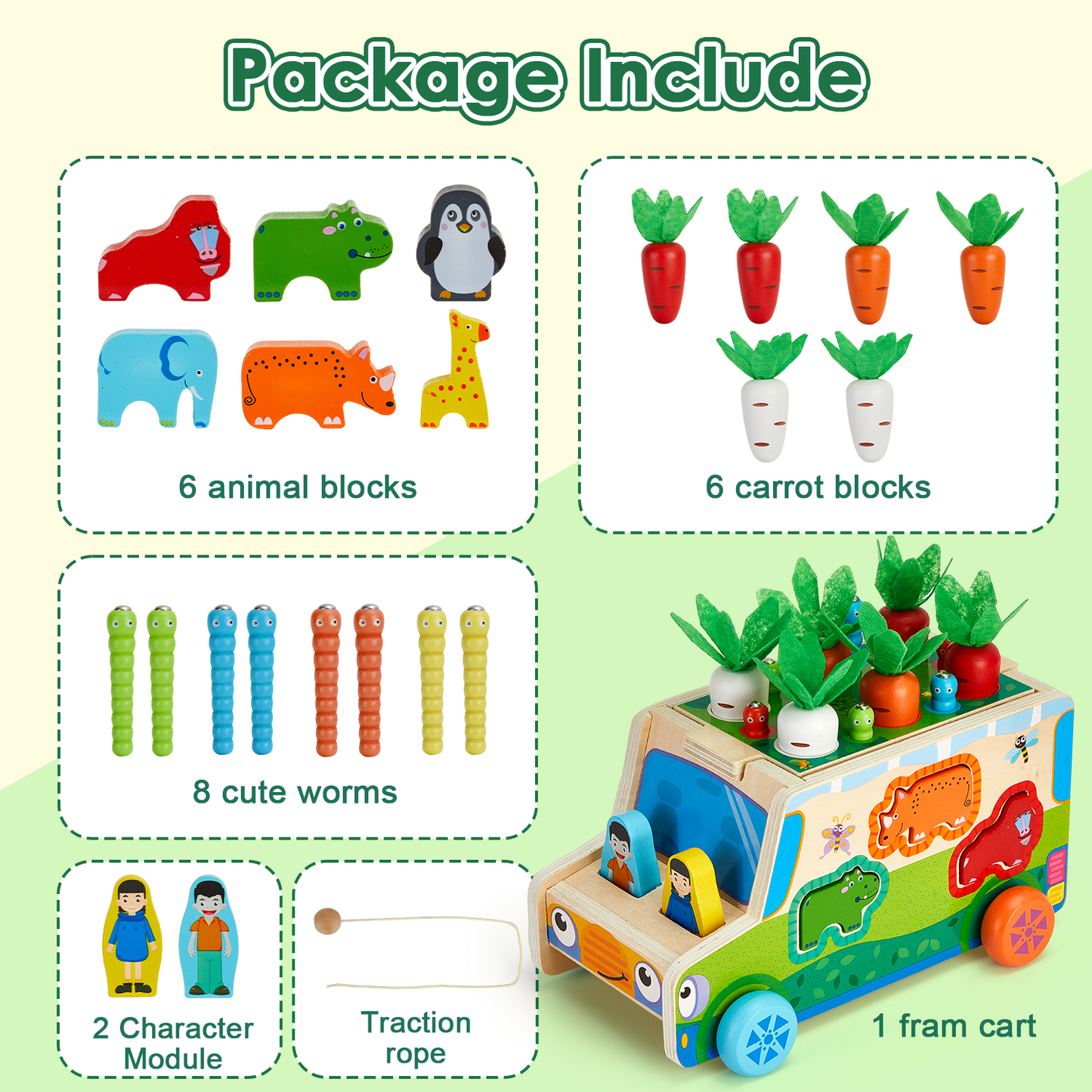 Petbank Montessori Toys, Wooden Montessori Shape Sorting Toys for Toddlers, with Carrot, Worm, Farm Animals Blocks and Traction Rope, Carrot Harvest Game Gift for Kids Ages 1-3