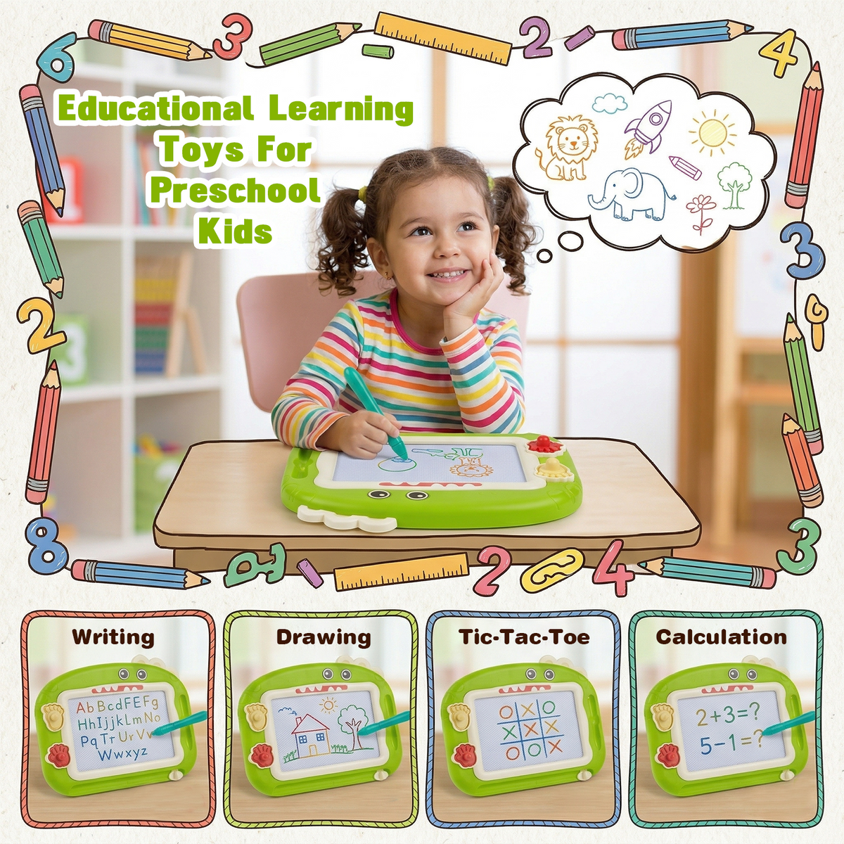 Magnetic Drawing Board for Kids, 8.1 Inch Green Dinosaur Doodle Board for Toddlers, Educational Learning Toys for Toddlers 1-3, Green