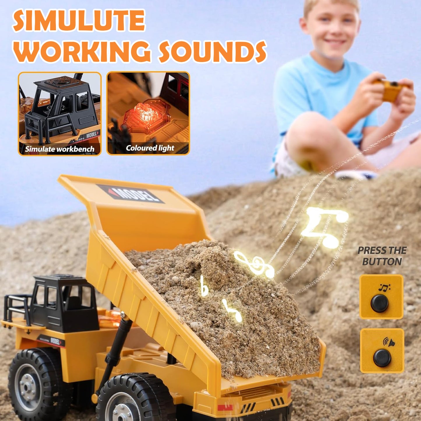 Zacro Remote Control Dump Truck, 2.4G RC Construction Vehicles Toy with Metal Bed Lights/Sounds, 11 Channel Electric Truck Toy Gift for Boys Kids
