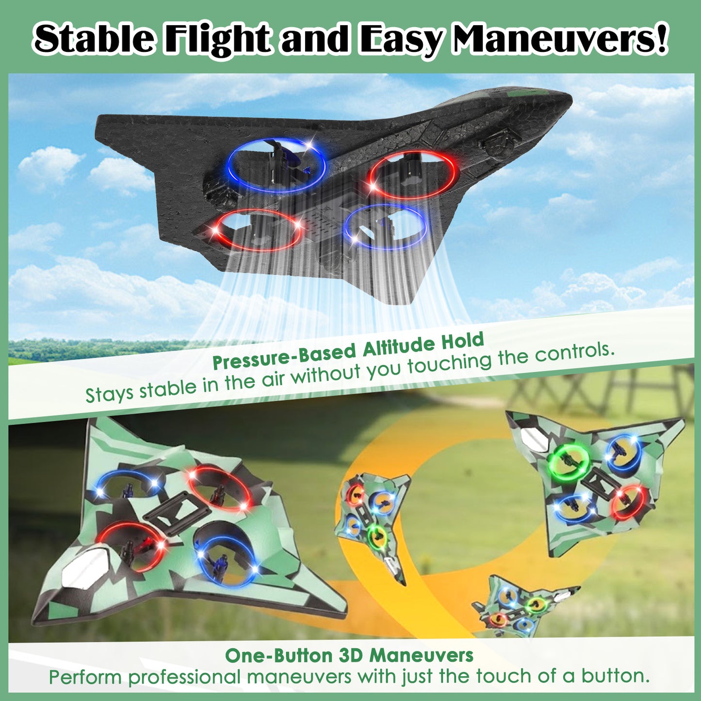 Lictin RC Plane for Kids, 2.4GHz Remote Control Airplane with 360° Flips, Altitude Hold & LED Lights, RC Aircraft Toy Gift for Boys Adults