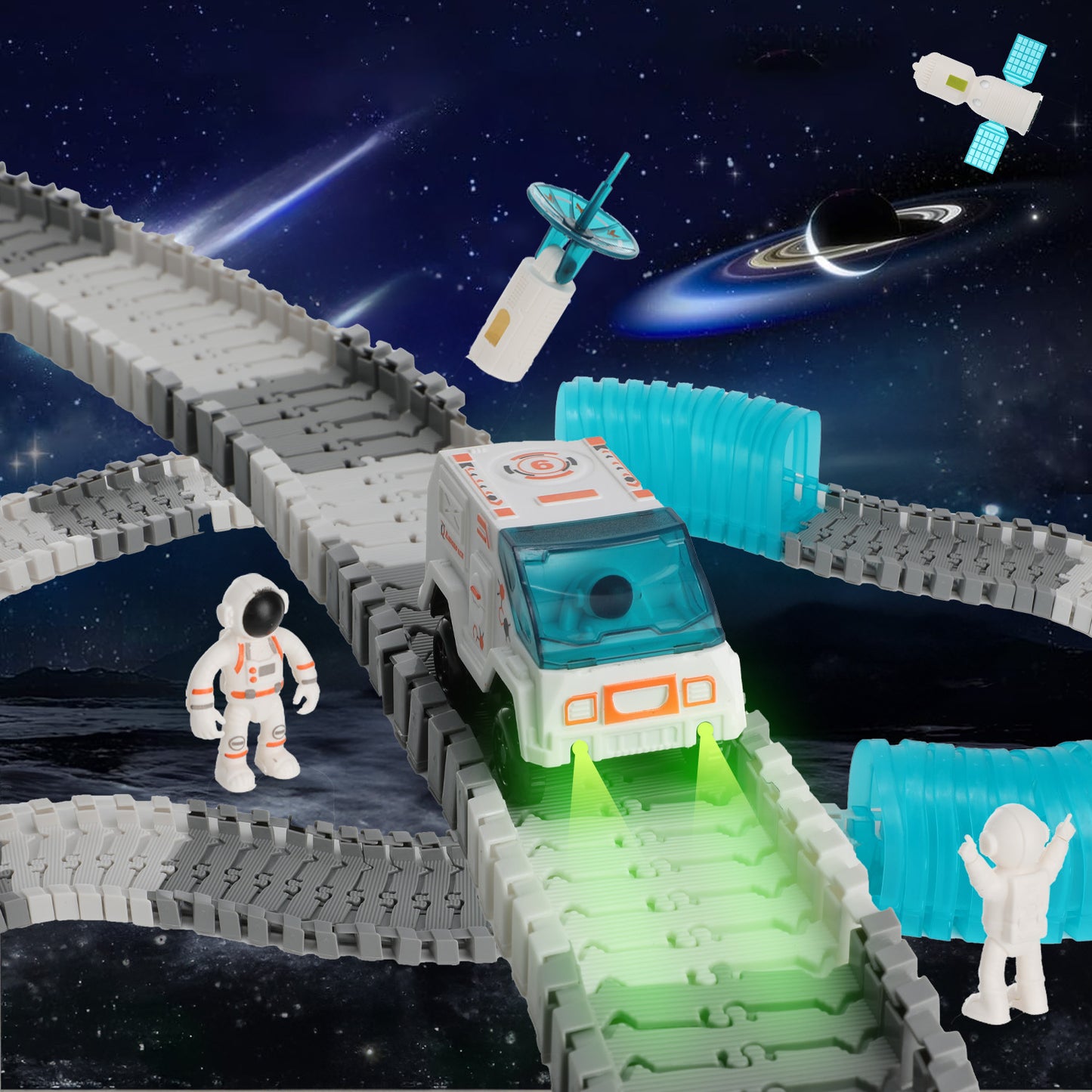Lictin Race Car Tracks for Kids, 233PCS Space Theme Flexible Racetrack Set with Astronaut, DIY Race Track Kit Educational Toys Gift for Boys Girls Age 3 4 5 6