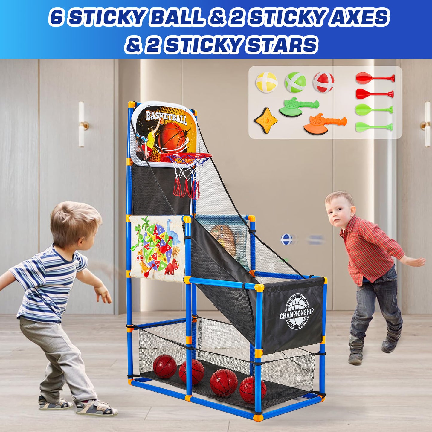 Petbank Basketball Hoop Arcade Game for Kids, 2 in 1 Sports Indoor Outdoor Basketball Game Toys, Basketball Hoop Set with 4 Balls & Inflatable Balls Pump &Sticky Balls, for Boys and Girls