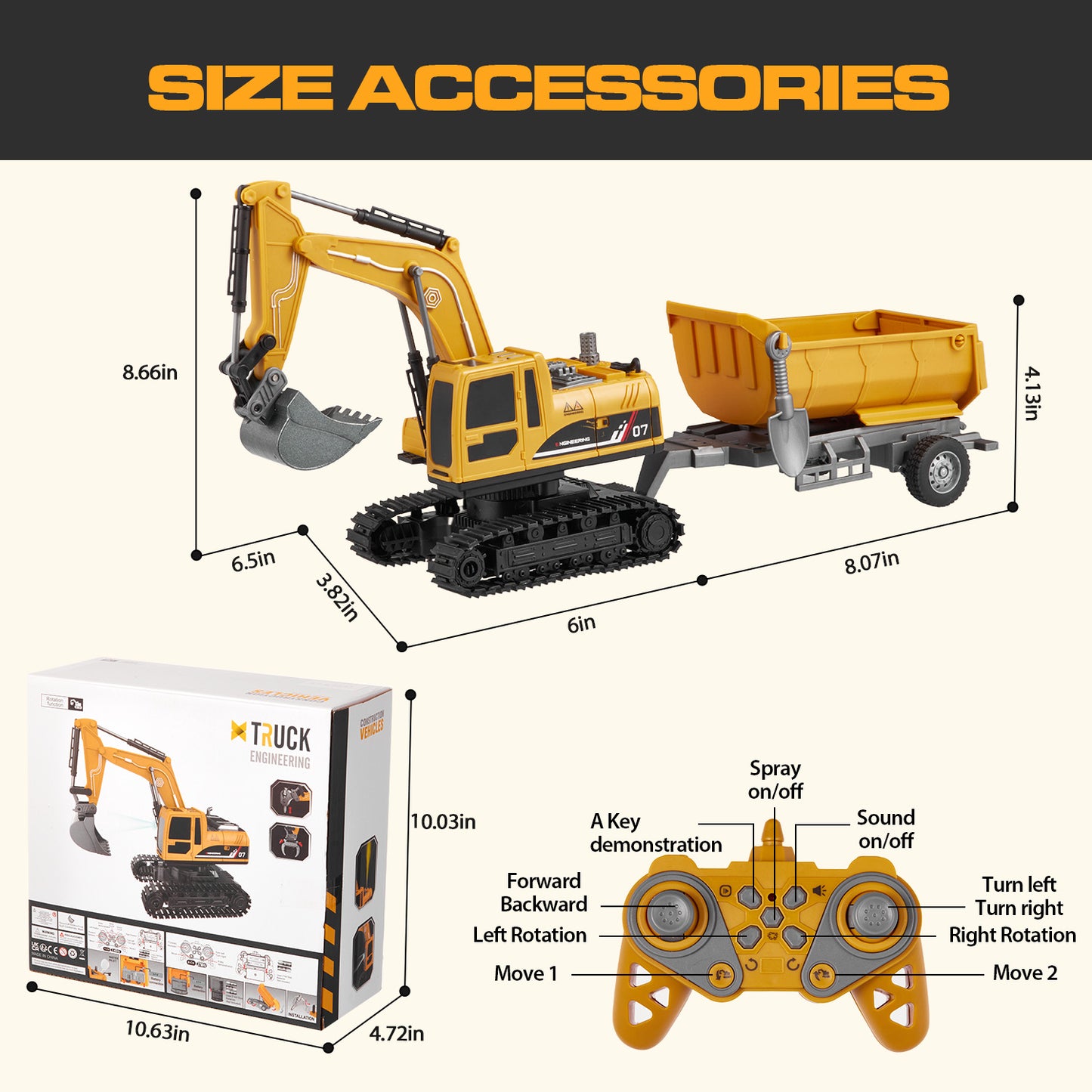 Petbank 4 in 1 Remote Control Excavator, Rechargeable RC Excavactor with Dump car, 11 Channel Excavator Construction Toy with Metal Shovel, Spray, Lights, Sounds, Gift for Boys and Girls, Yellow
