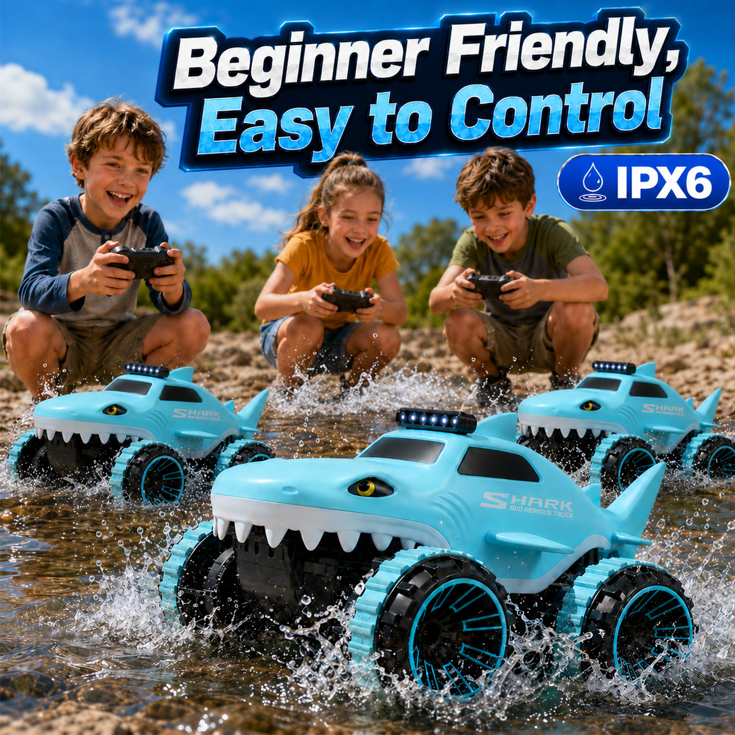 Zacro Amphibious Remote Control Car for Kids, 2.4GHz RC Shark Truck 360° Rotating Stunt Car with LED Lights, Waterproof All Terrain Off-Road Monster Toy Truck for Boys & Girls Ages 3+