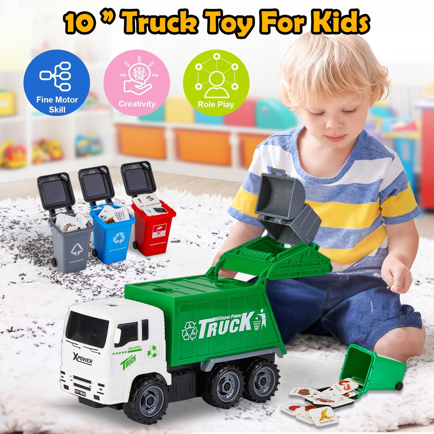 Petbank Recycling Garbage Truck Toy, Friction-Powered Toy Garbage Truck with 2 Interchangeable carriages, 4 Trash Cans, 3 Replaceable Screwdrivers, 108 PCS Garbage Classification Cards, Green