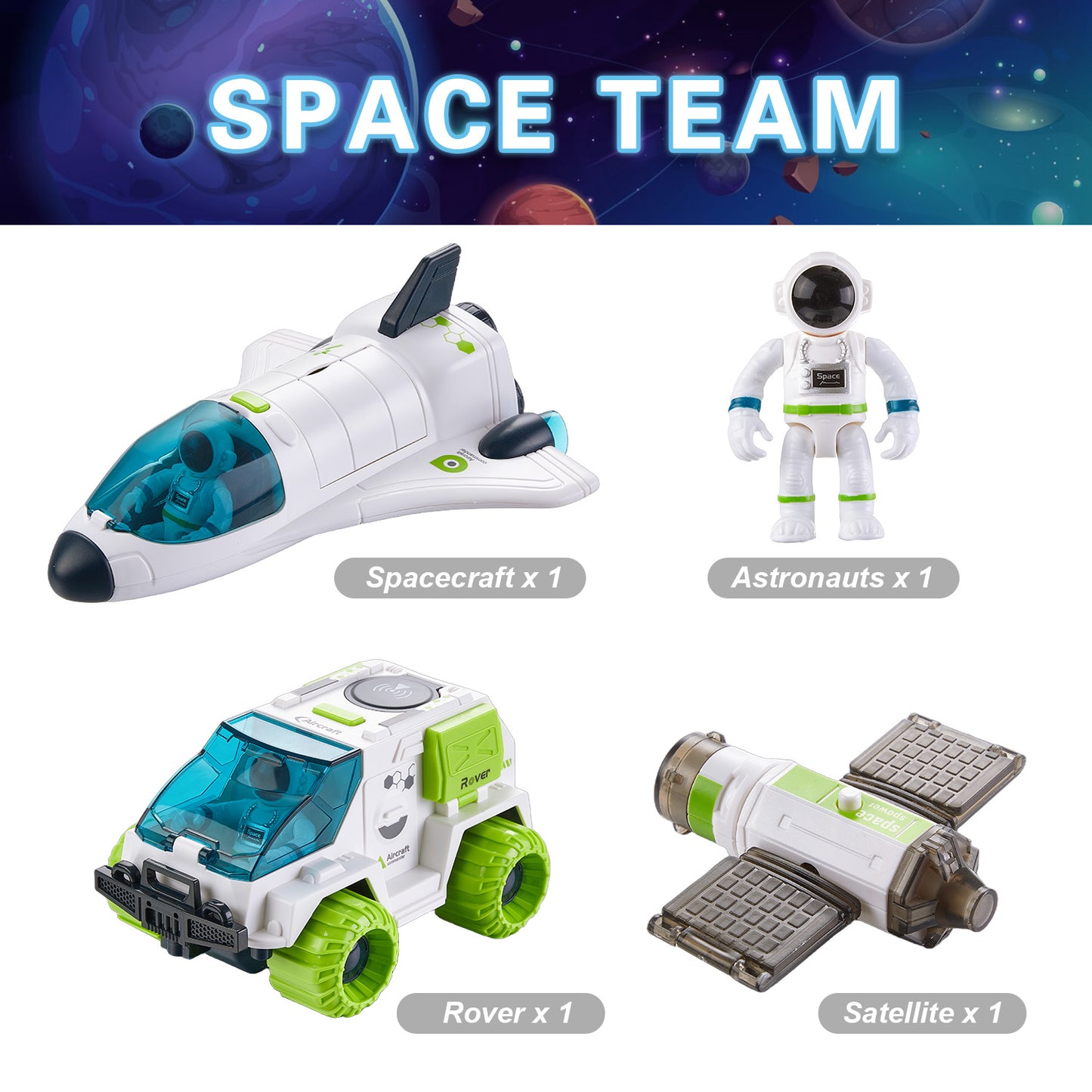 Kids Space Toys, Spaceship Planet Toy with Astronaut, Spaceship, Satellite & Space Rover, Spaceship Shuttle Car Toy Gift for Boys Girls 3+