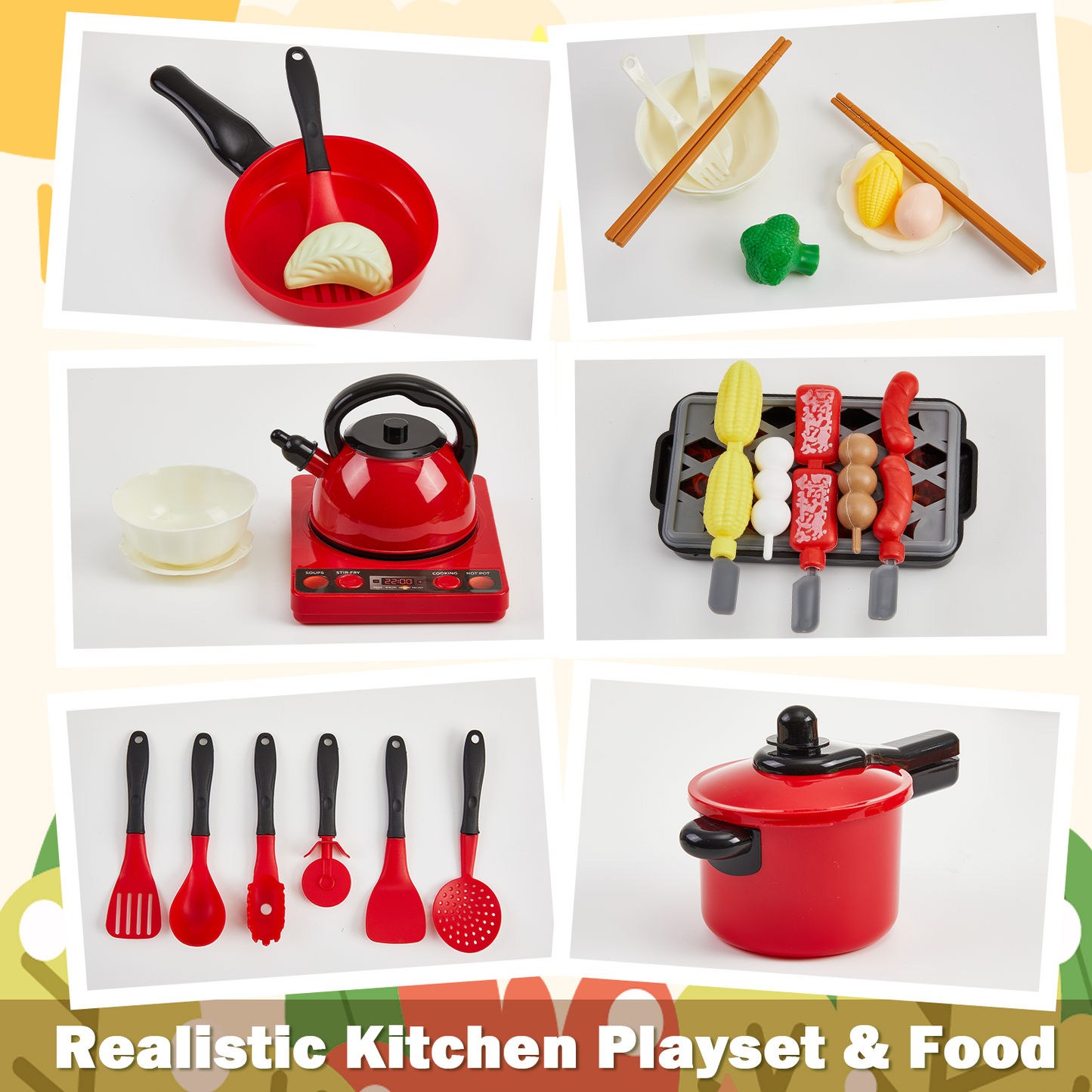 Zacro 61PCS Play Kitchen Accessories, Pretend Play Cooking Toy Set for Kids, Cutting Toy Food with Pans, Pot and Utensils, Preschool Learning Education Toys Gifts for Toddlers Girls Boys