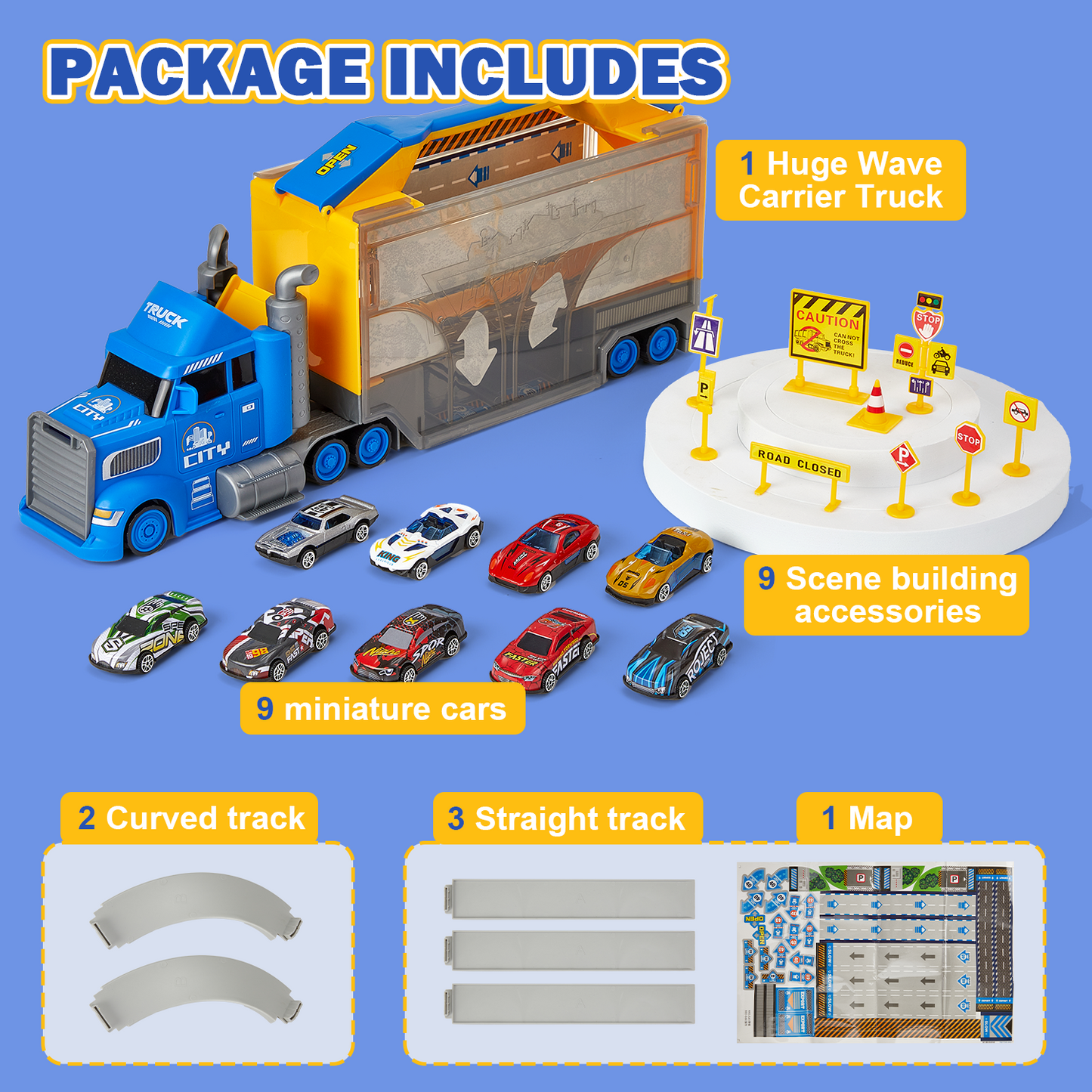 Petbank 2 in1 Carrier Truck Race Track Toys, Transport Trucks Circular Race Track Set with 9 Race Cars, Racing Toys Set for Boys and Girls, Blue