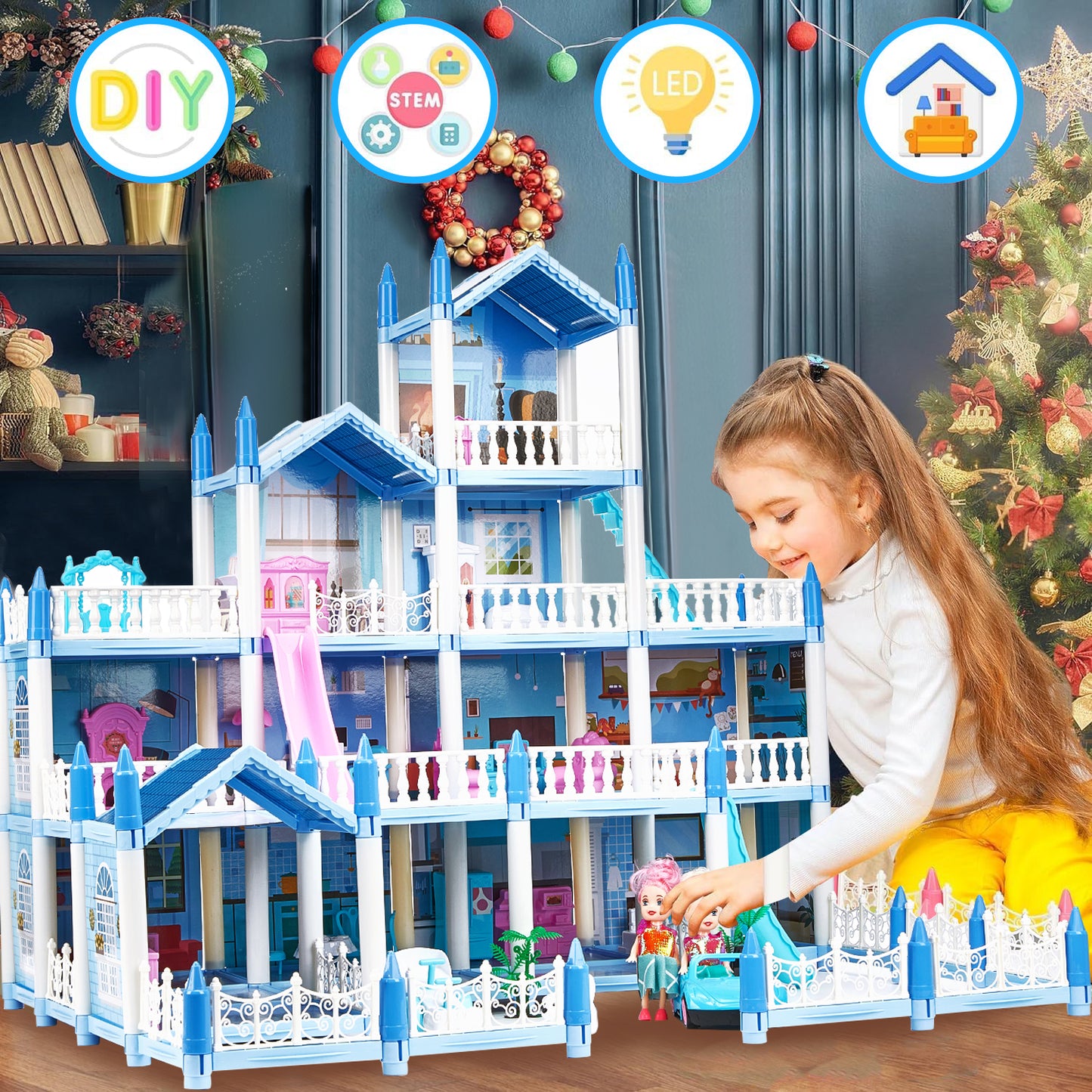Dollhouse for Girls, 14 Rooms Pretend Play Toddler Dollhouse Playset with Colorful Light, Furniture & Accessories, Gifts for Girls Aged 3 4 5 6 7 8 Years Old