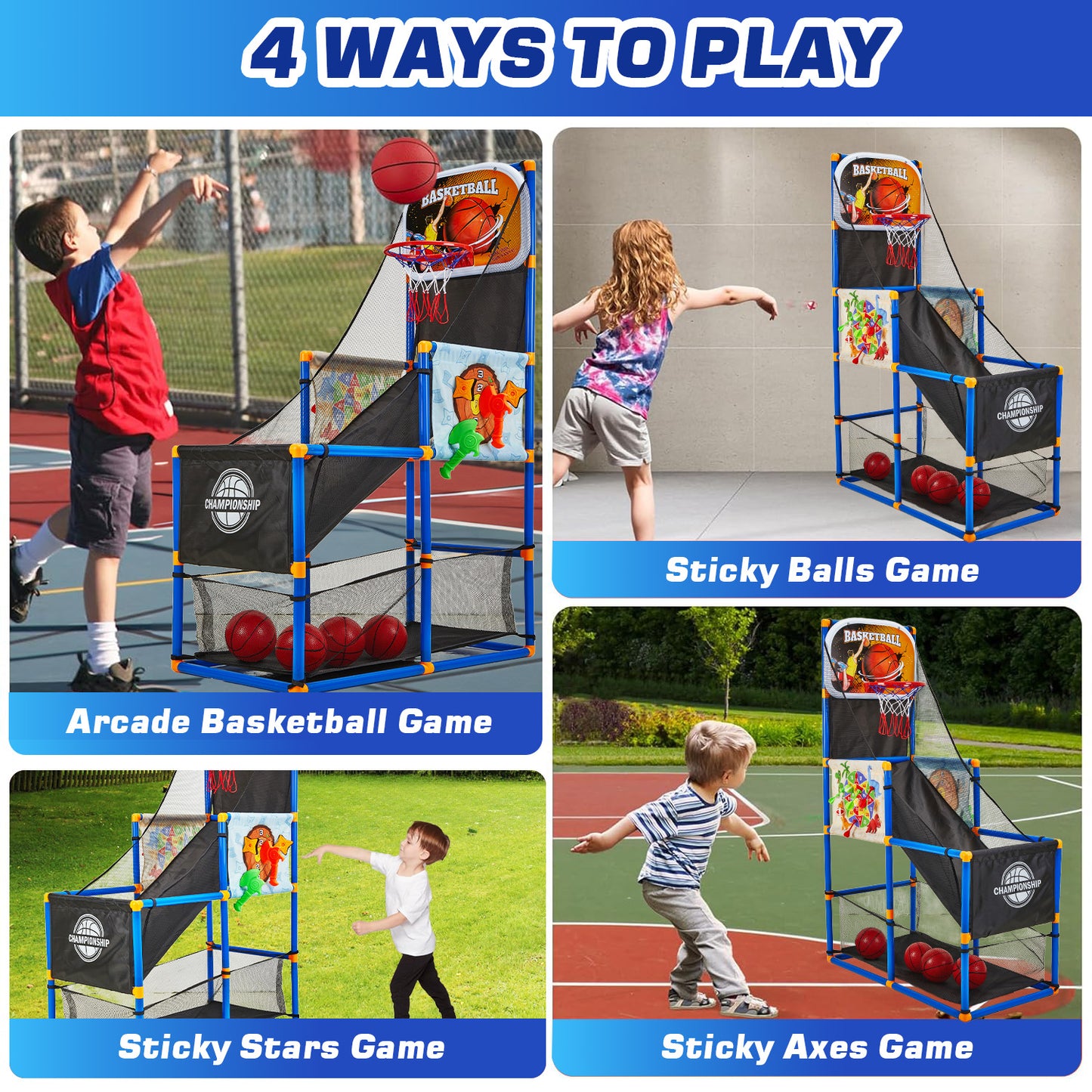 Petbank Basketball Hoop Arcade Game for Kids, 2 in 1 Sports Indoor Outdoor Basketball Game Toys, Basketball Hoop Set with 4 Balls & Inflatable Balls Pump &Sticky Balls, for Boys and Girls