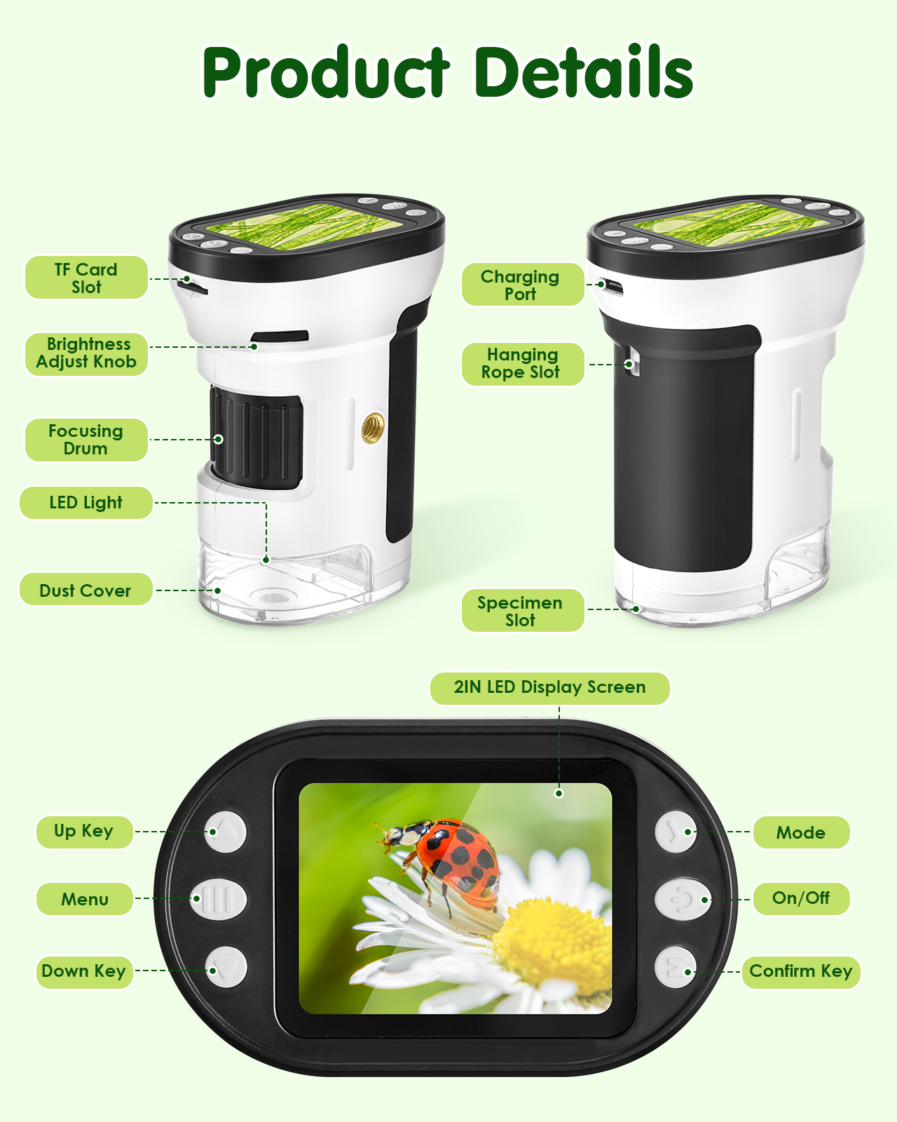 Microscope for Kids, 200-1000X Pocket Microscope with 2” LCD Screen, Tripod, 32G SD Card, USB to PC, Handheld Mini Kids Microscope for Student Adults Microbiological Observation Lab Study