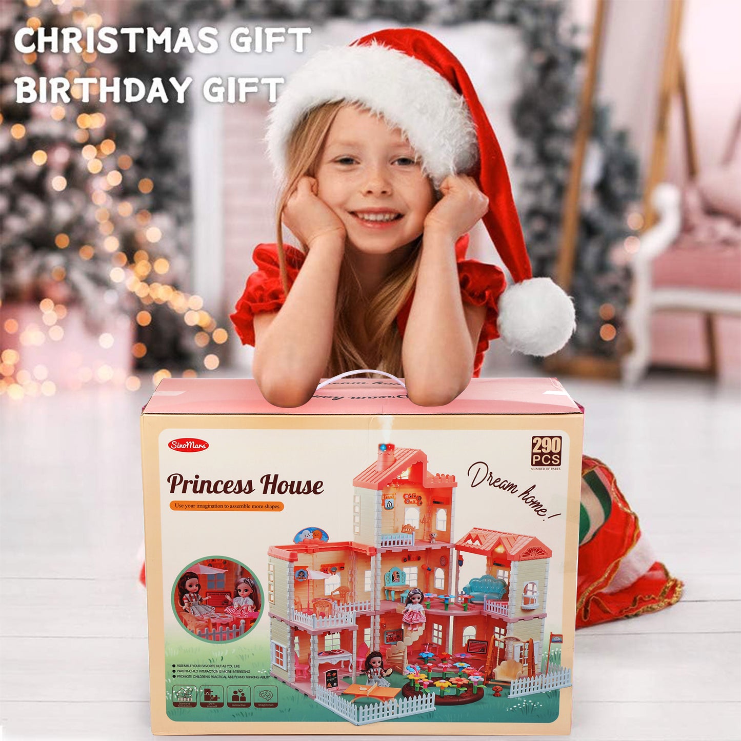 Dollhouse Playset for Girls, 3-Story 7 Rooms Pretend Play Toddler Dollhouse with Lights, Furnitures and Accessories, Gifts for Girls Aged 3 4 5 6 7 8 Years Old, Orange Pink