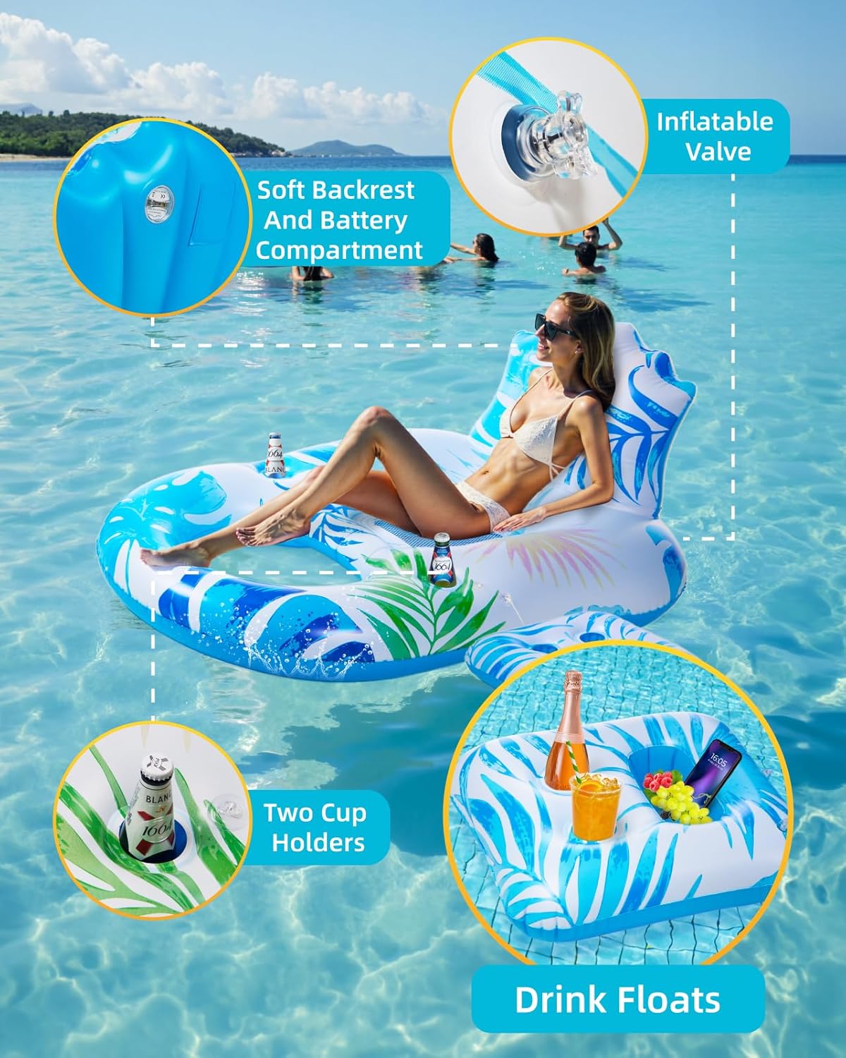 Pool Lounger Float with Canopy UPF50+, Inflatable Pool Lounge, LED Light Up Pools Floatie, Large Tanning Floaties, Water Floats for Adults Kids Swim Toys with Cup Holder & Backrest, Footrest