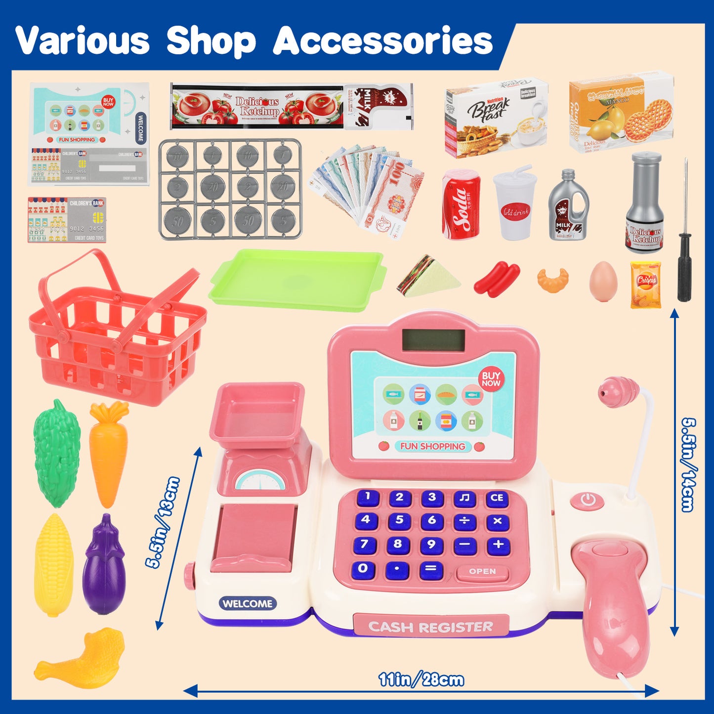 Anpro Cash Register Toys for Kids, 43PCS Pretend Play Register Kids Cashier with Sound, Microphone, Scanner, Pretend Credit Card, Play Food for Toddler Girls Boys Gifts Age 3+, Pink