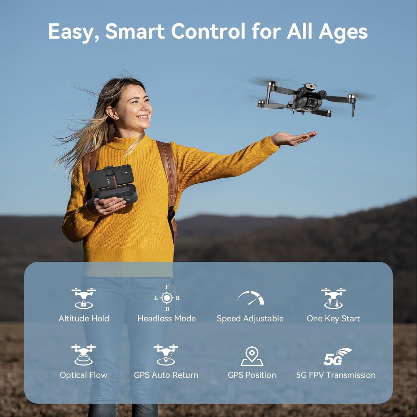 S1S RC Drone with 4K HD Camera for Adult, Lictin RC Quadcopter with High Speed Brushless Motor, Hand gesture photography, Waypoint Fly, Optical Flow Position, 2 Batteries