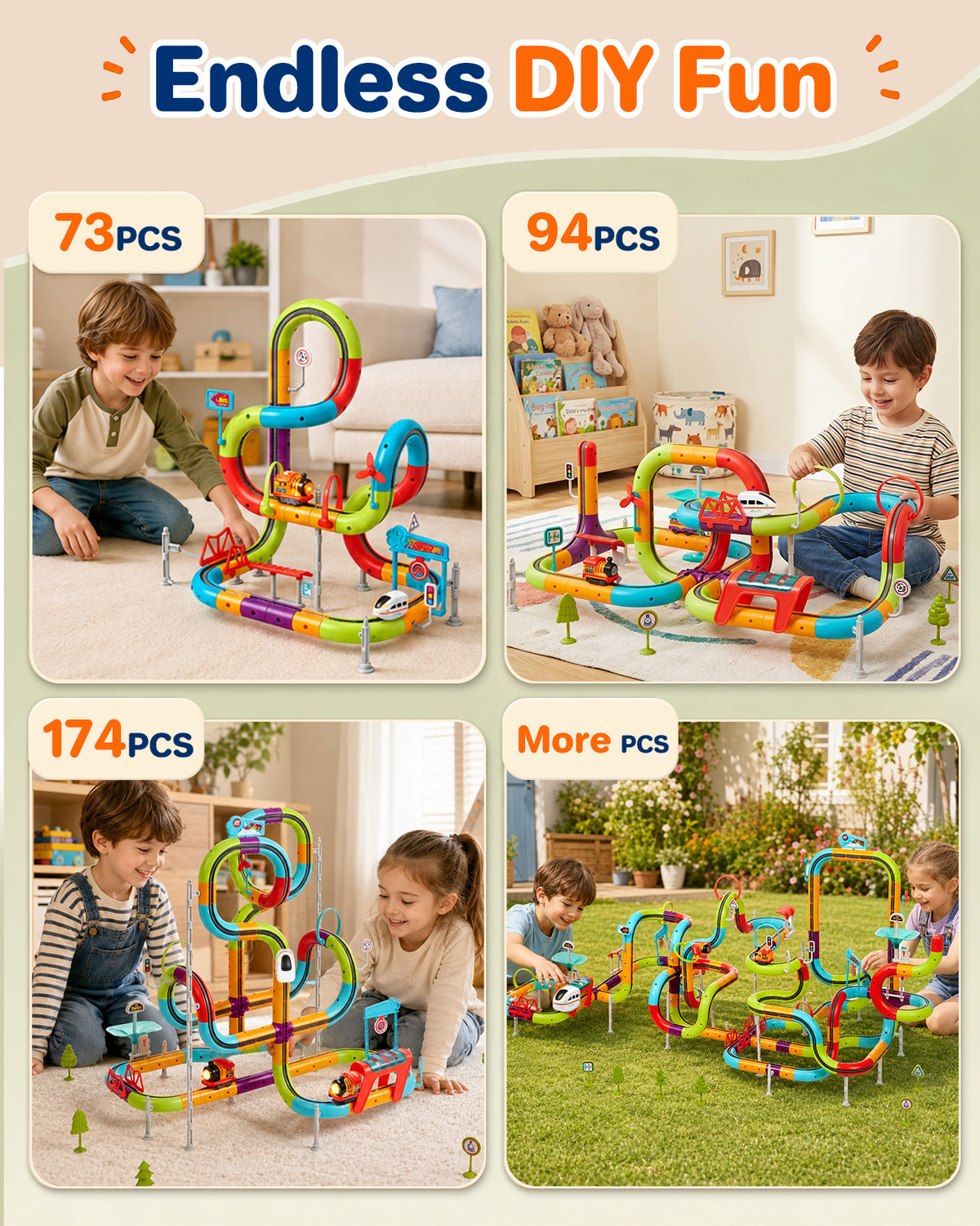 73PCS Electric Train Set for Kids, 3D DIY Train Race Track Set with Dual-Rail and 2 Rechargeable Vehicles, Gravity-Defying Race Car Track Toys Gift for Boys Girls Ages 3-8
