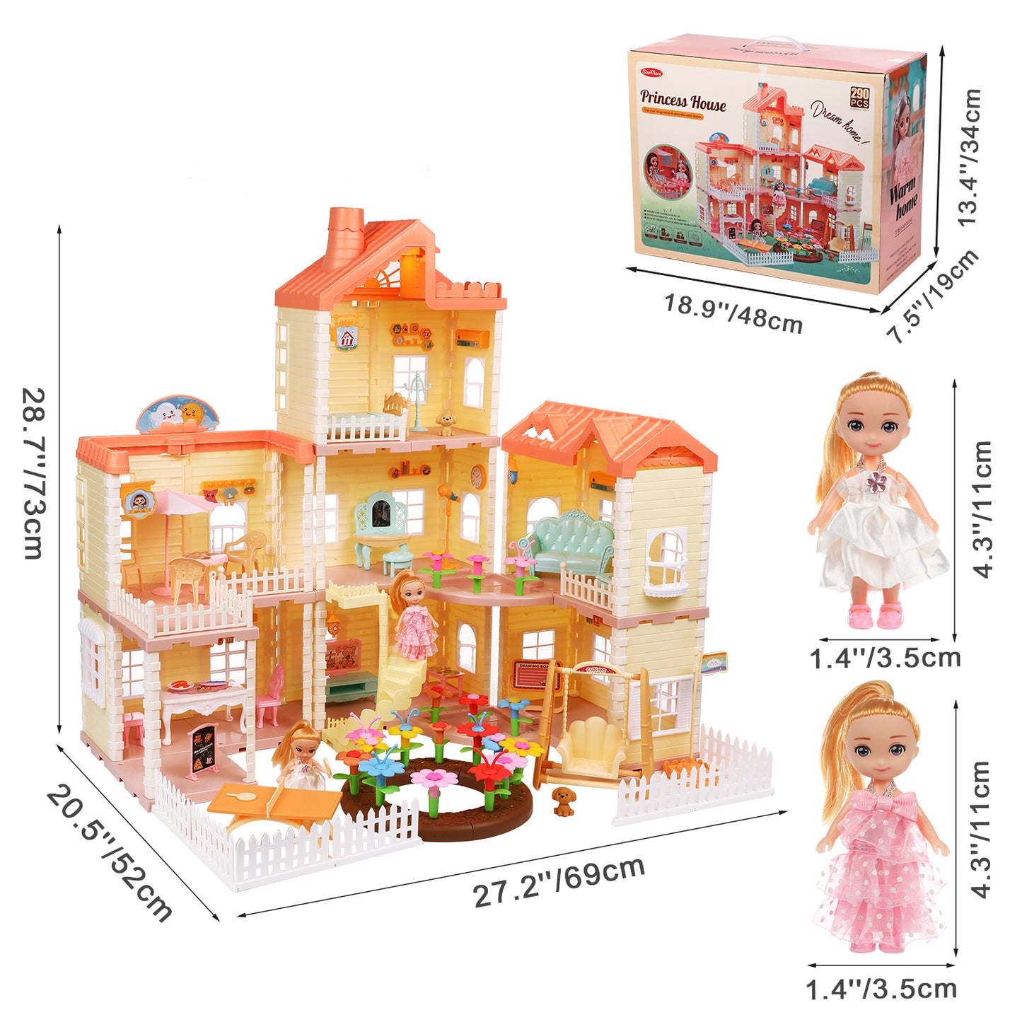 Dollhouse Playset for Girls, 3-Story 7 Rooms Pretend Play Toddler Dollhouse with Lights, Furnitures and Accessories, Gifts for Girls Aged 3 4 5 6 7 8 Years Old, Orange Pink