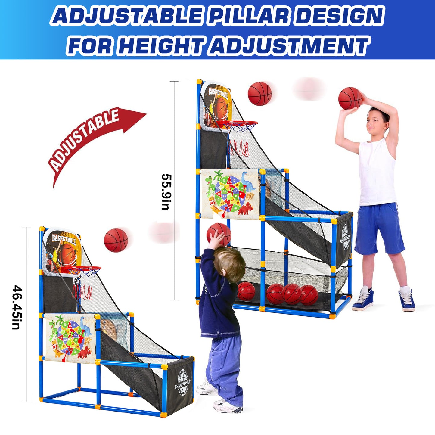 Petbank Basketball Hoop Arcade Game for Kids, 2 in 1 Sports Indoor Outdoor Basketball Game Toys, Basketball Hoop Set with 4 Balls & Inflatable Balls Pump &Sticky Balls, for Boys and Girls