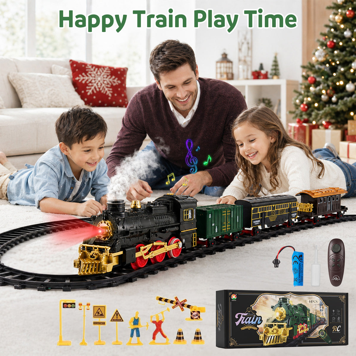 Electric Train Set, Remote Control Train Toy with Smoke, Light & Sound, Toy Train Set for Under Christmas Tree for Boys Girls