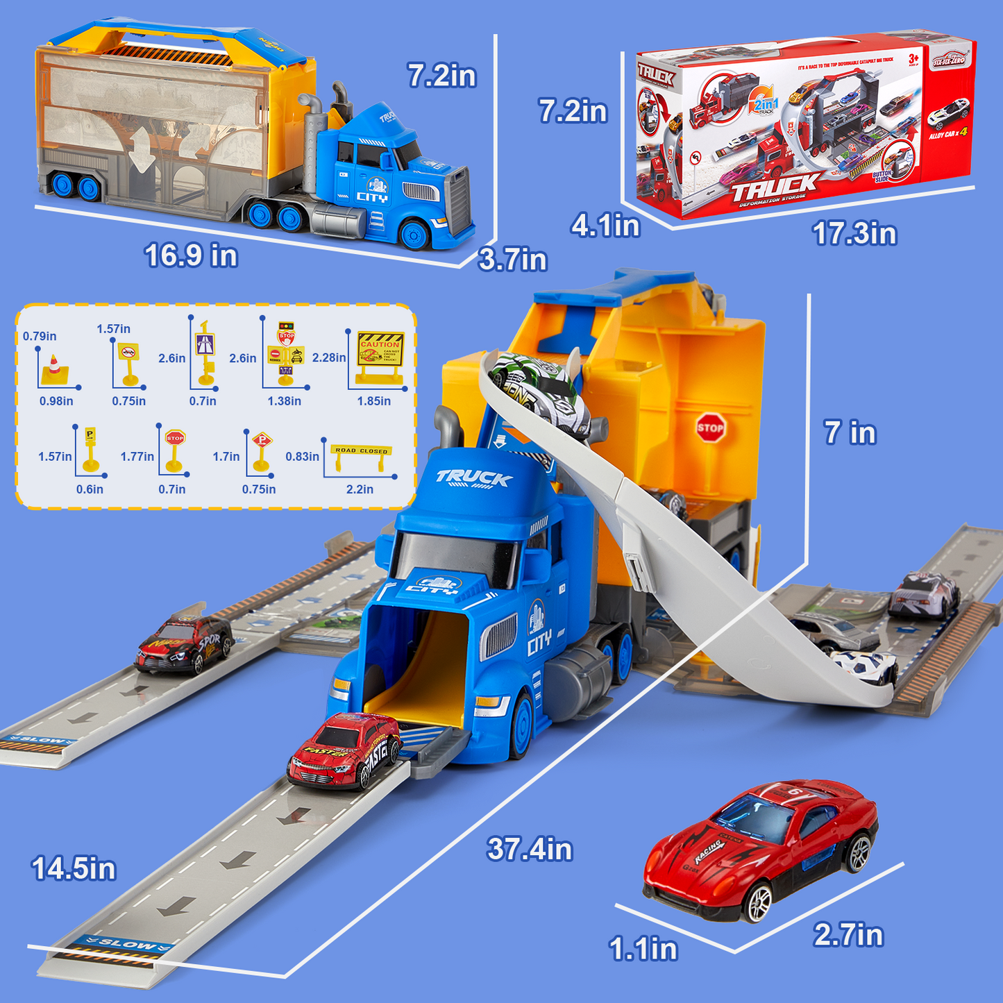 Petbank 2 in1 Carrier Truck Race Track Toys, Transport Trucks Circular Race Track Set with 9 Race Cars, Racing Toys Set for Boys and Girls, Blue