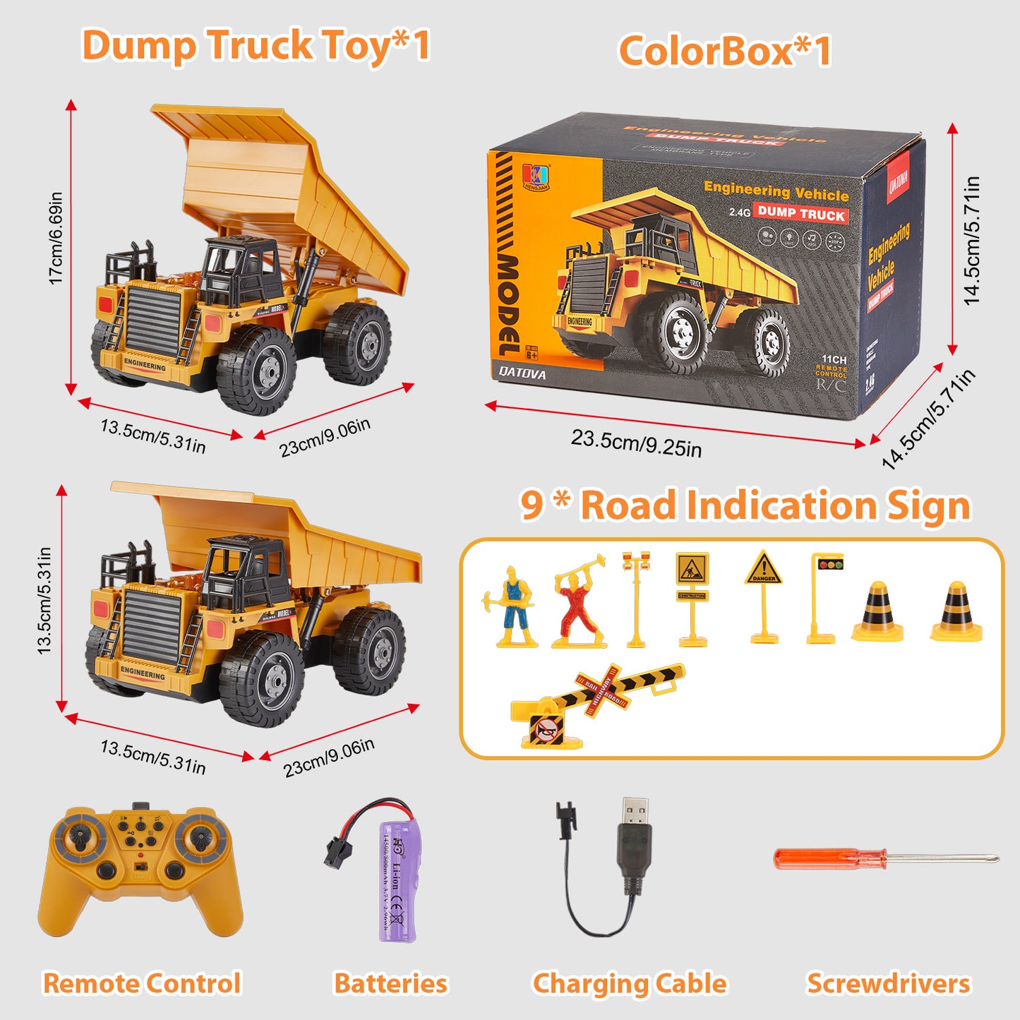 Zacro Remote Control Dump Truck, 2.4G RC Construction Vehicles Toy with Metal Bed Lights/Sounds, 11 Channel Electric Truck Toy Gift for Boys Kids