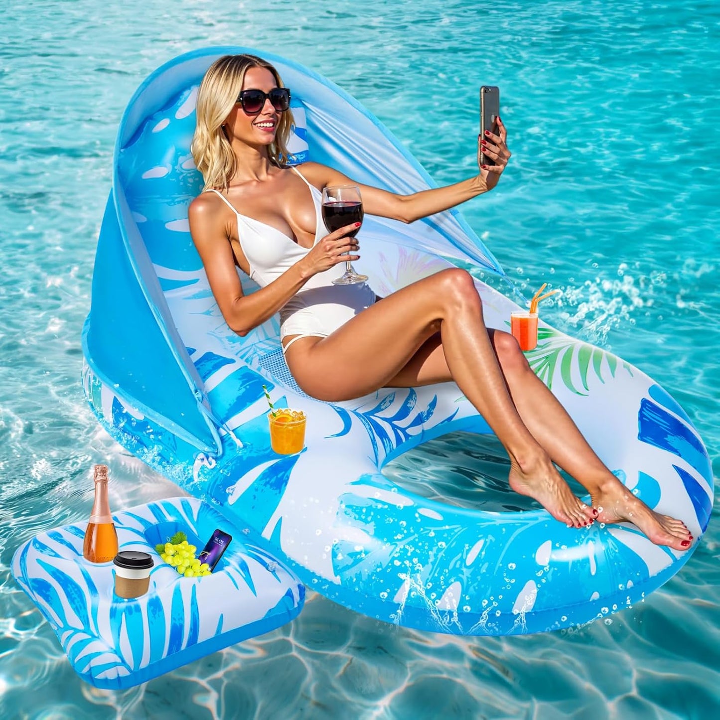Pool Lounger Float with Canopy UPF50+, Inflatable Pool Lounge, LED Light Up Pools Floatie, Large Tanning Floaties, Water Floats for Adults Kids Swim Toys with Cup Holder & Backrest, Footrest