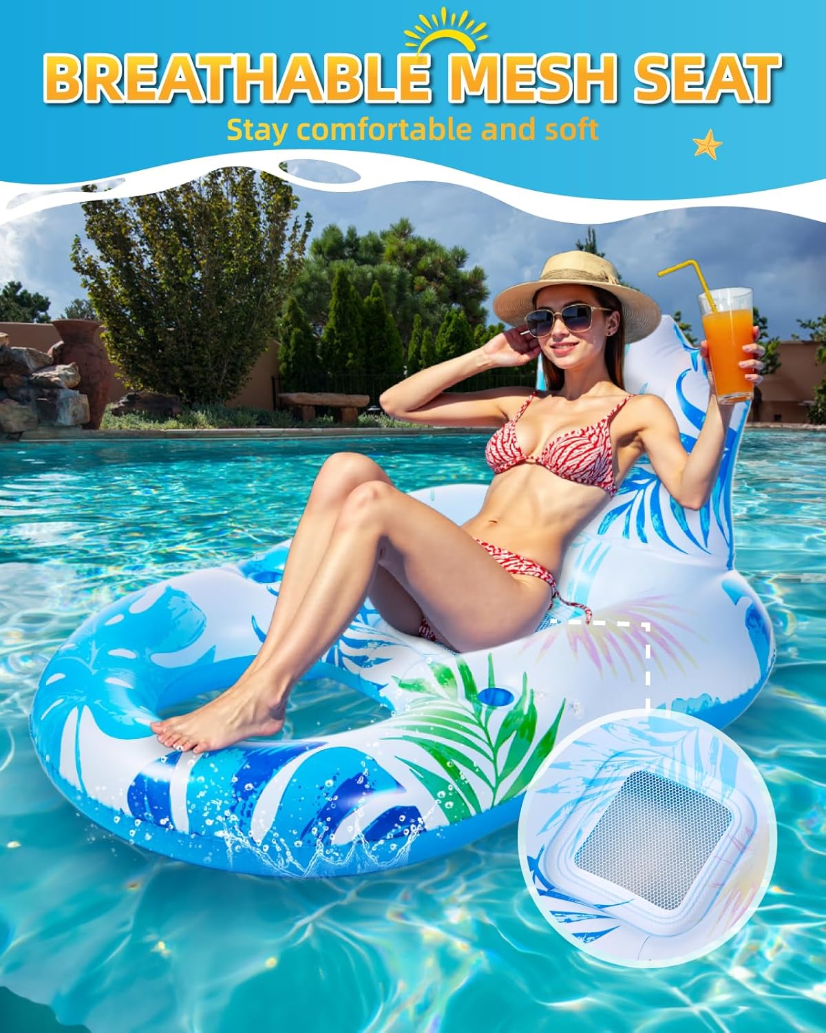 Pool Lounger Float with Canopy UPF50+, Inflatable Pool Lounge, LED Light Up Pools Floatie, Large Tanning Floaties, Water Floats for Adults Kids Swim Toys with Cup Holder & Backrest, Footrest