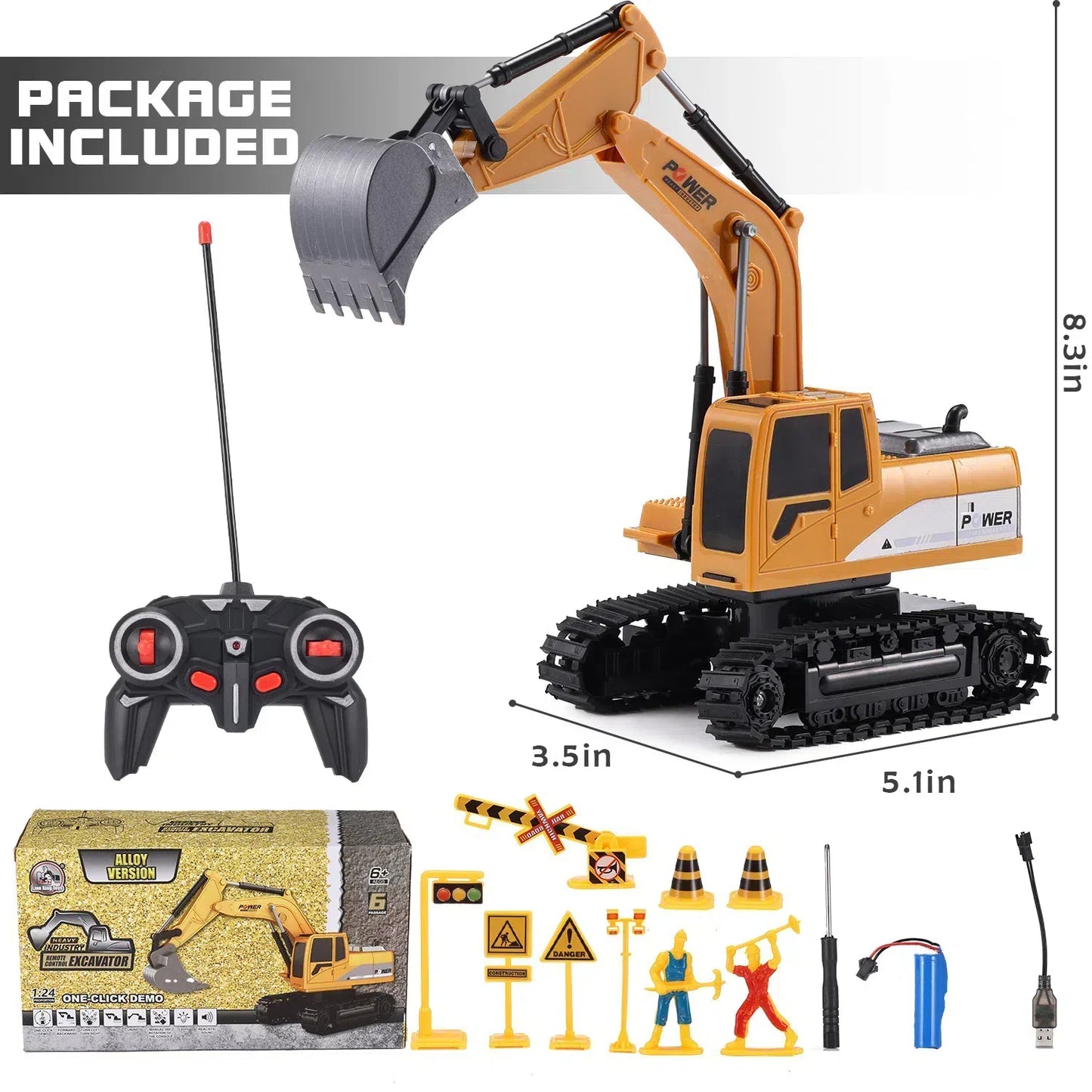 Gemeer Remote Control Excavator for Kids, 6 Channel Rechargeable RC Truck Excavator Construction Vehicle, Navvy Toys with Metal Shovel Lights Sounds for Boys Girls Gifts