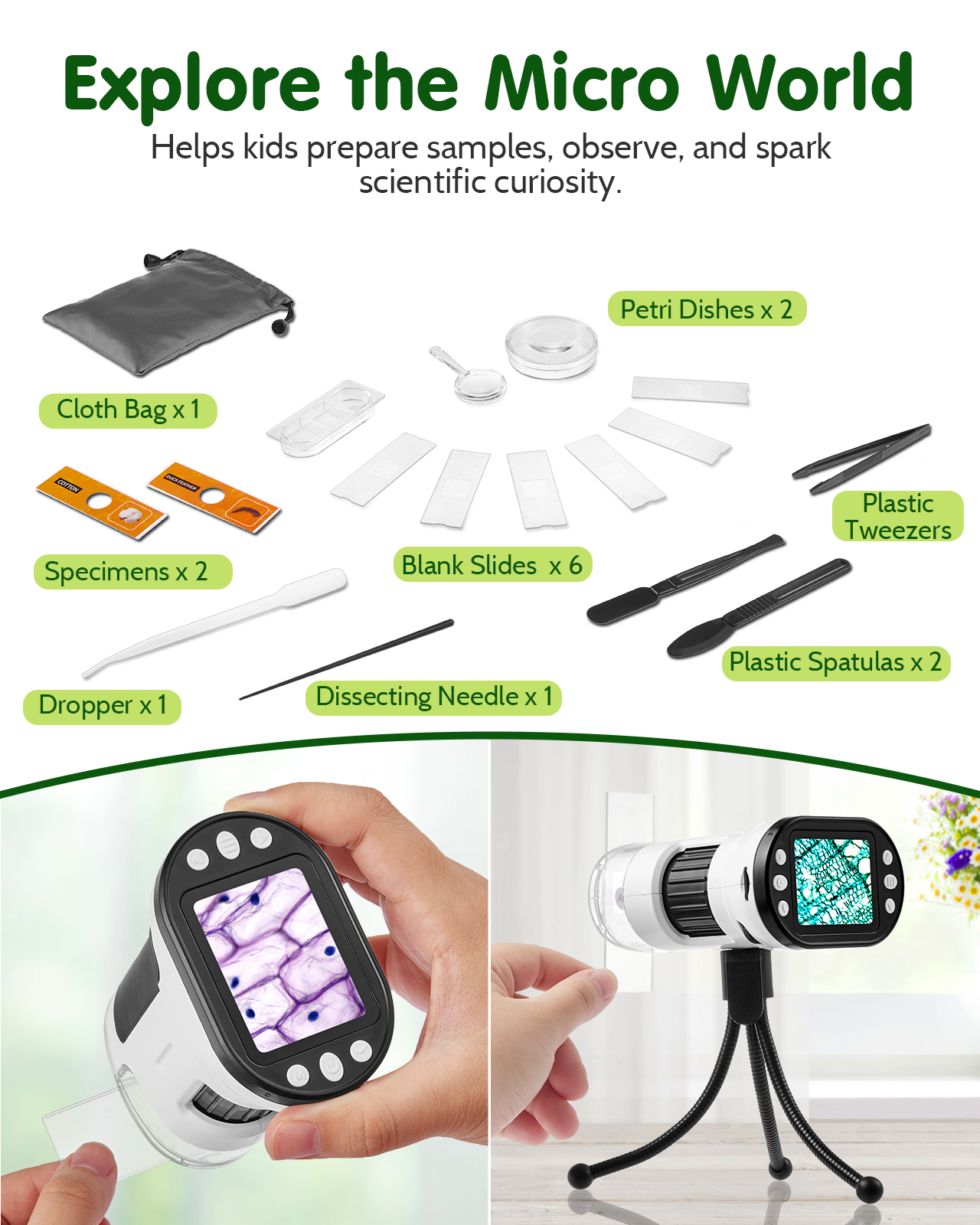 Microscope for Kids, 200-1000X Pocket Microscope with 2” LCD Screen, Tripod, 32G SD Card, USB to PC, Handheld Mini Kids Microscope for Student Adults Microbiological Observation Lab Study