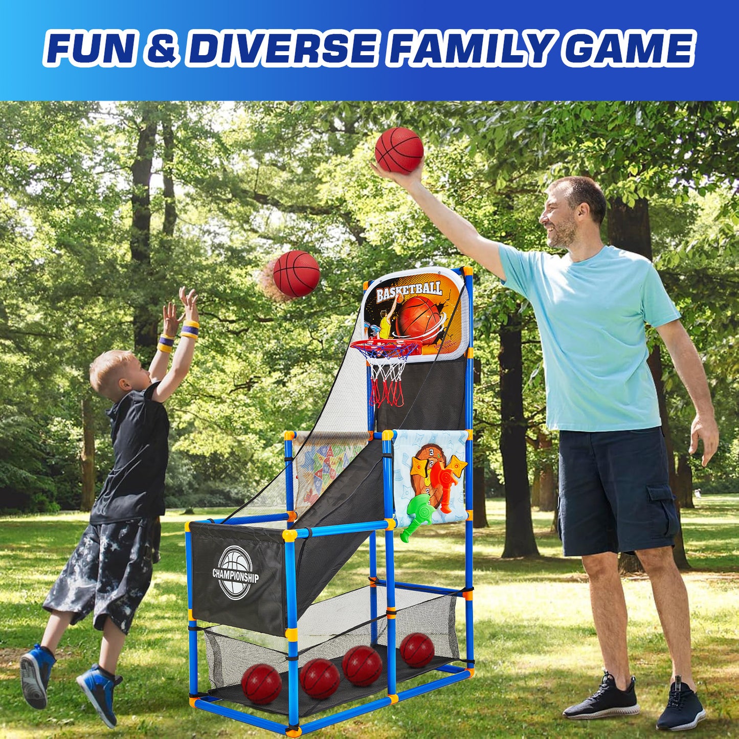 Petbank Basketball Hoop Arcade Game for Kids, 2 in 1 Sports Indoor Outdoor Basketball Game Toys, Basketball Hoop Set with 4 Balls & Inflatable Balls Pump &Sticky Balls, for Boys and Girls