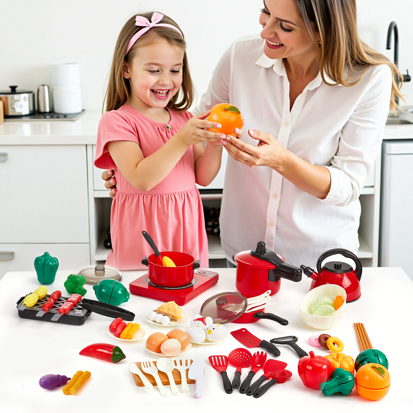 Zacro 61PCS Play Kitchen Accessories, Pretend Play Cooking Toy Set for Kids, Cutting Toy Food with Pans, Pot and Utensils, Preschool Learning Education Toys Gifts for Toddlers Girls Boys
