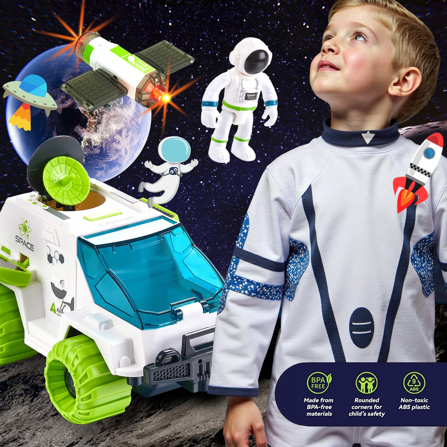 Kids Space Toys, Spaceship Planet Toy with Astronaut, Spaceship, Satellite & Space Rover, Spaceship Shuttle Car Toy Gift for Boys Girls 3+