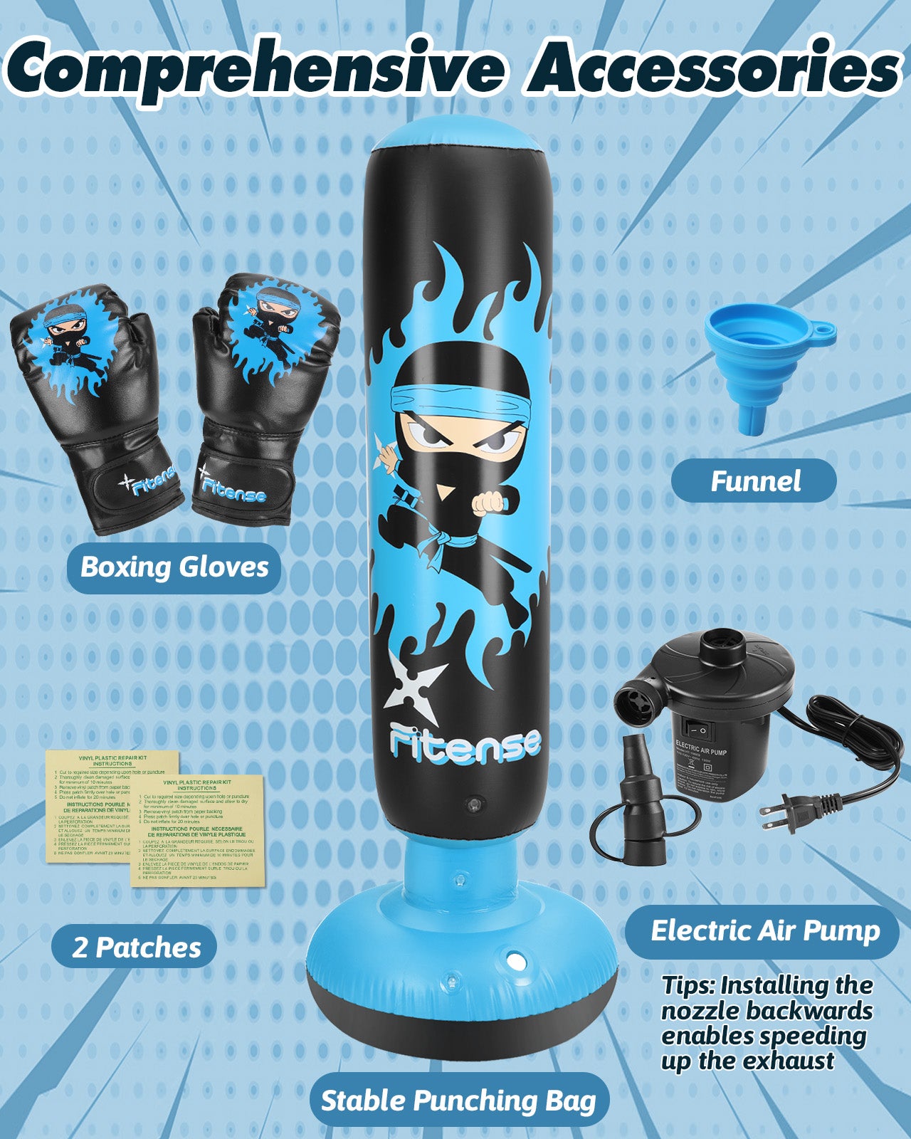 Punching Bag for Kids, Lictin 63 Inch Inflatable Boxing Bag with Gloves, Funnel & Pump, Boxing Toy & Gifts for for 3-6 Boys & Girls, Kids Boxing Set for Practicing Karate, Taekwondo, Blue