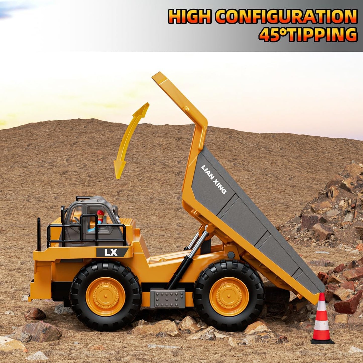 Remote Control Dump Truck, 1:20 Scale RC Construction Vehicles Toy with Metal Bed and Light/Music, 9 Channels Electric Truck Toy Gift for Boys Kids