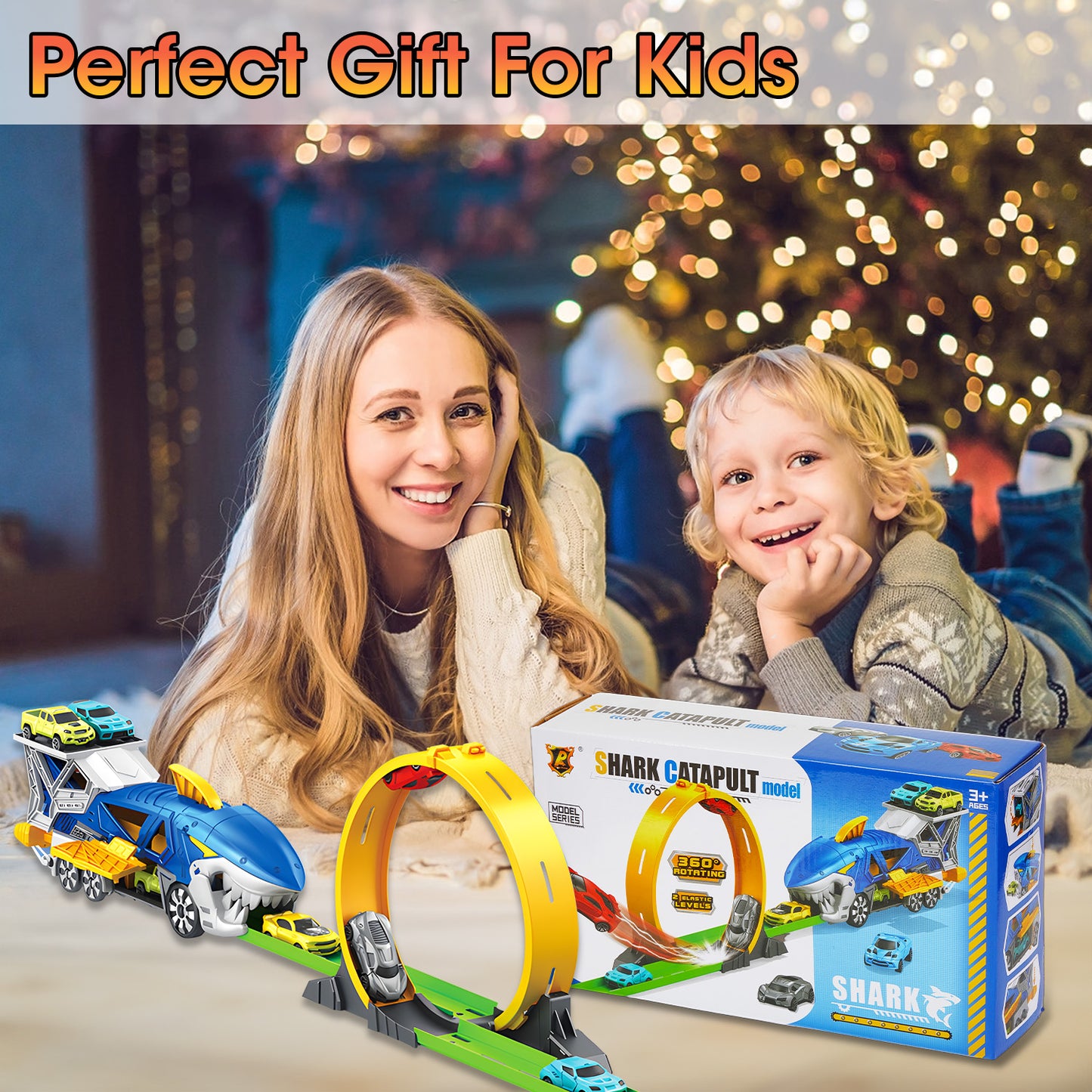 Lictin Shark Race Car Track Set for Kids, Race Track Toys with Carrier Truck, Loop Track & Launcher, 6 pcs High Speed Race Cars, Shark Parking Lot Toys for Boys Aged 3 4 5 6 7 Years Old